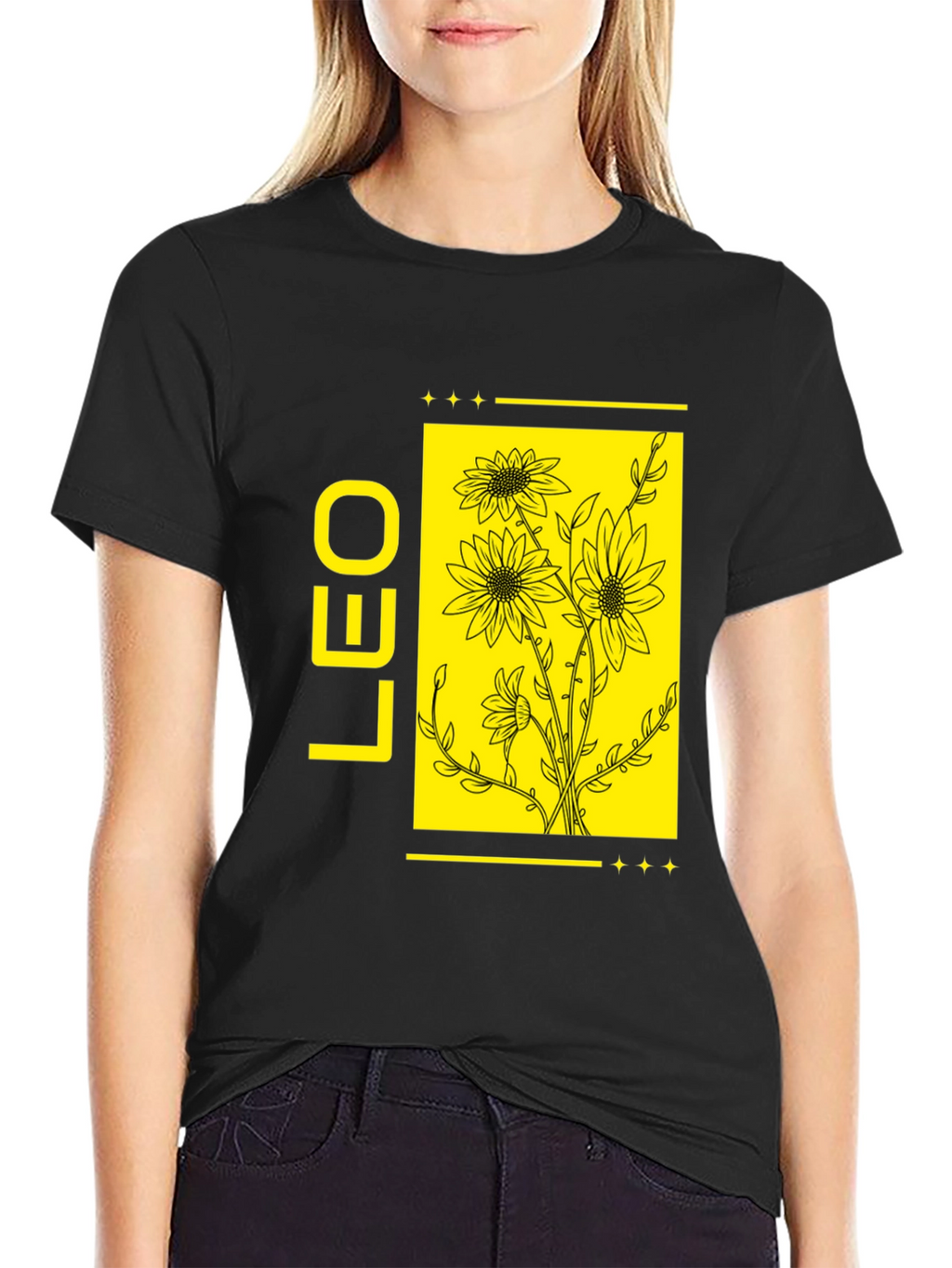 LEO Zodiac Sign Sunflower Graphic Black T-Shirt