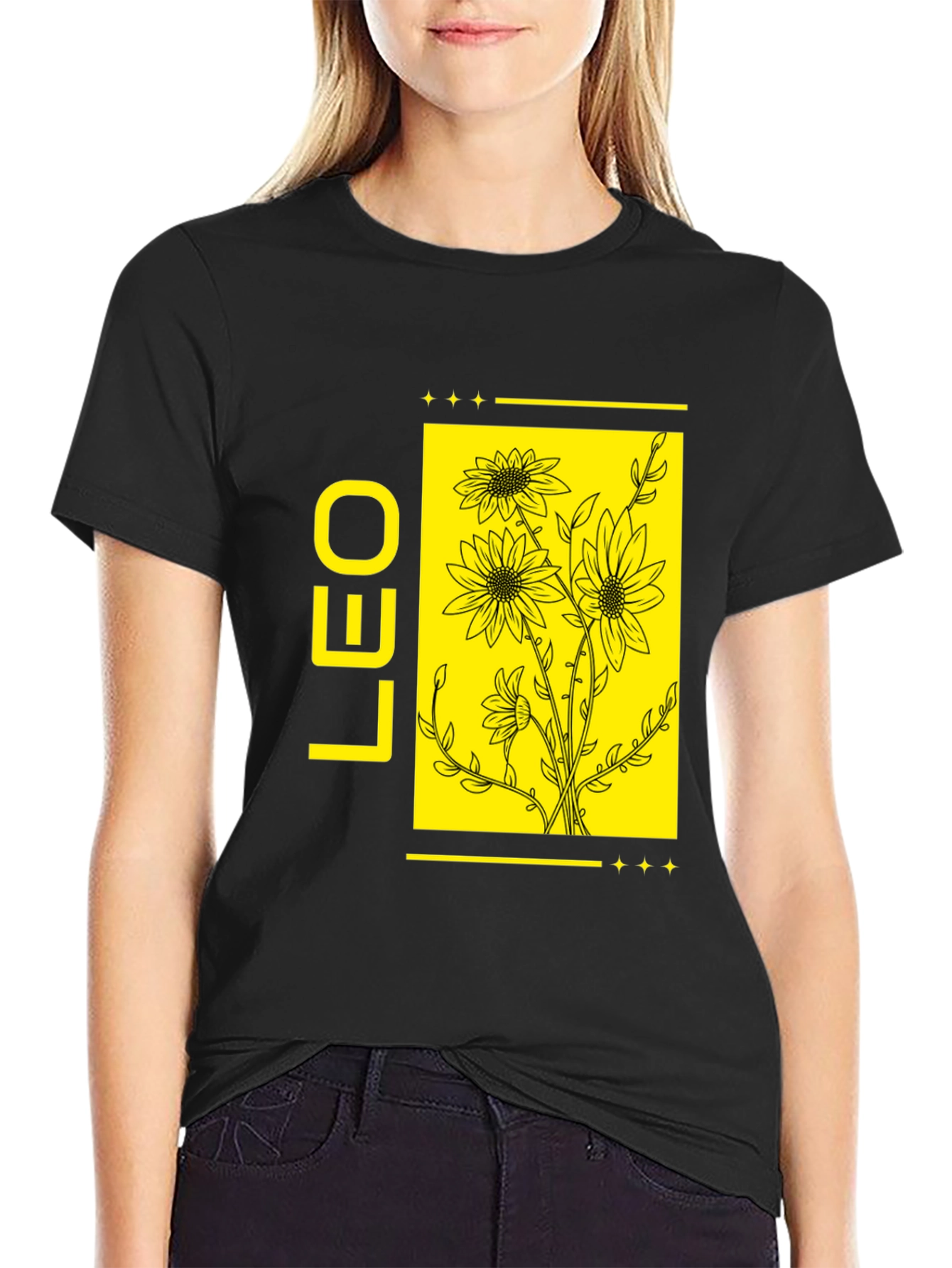 LEO Zodiac Sign Sunflower Graphic Black T-Shirt