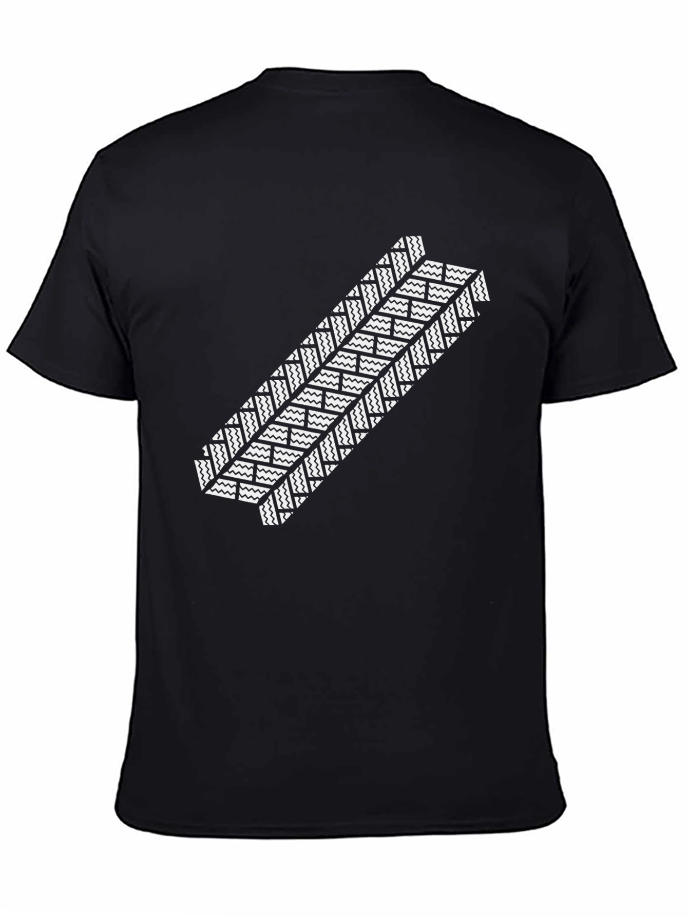 Mens Black T-Shirt with White Tire Track Design