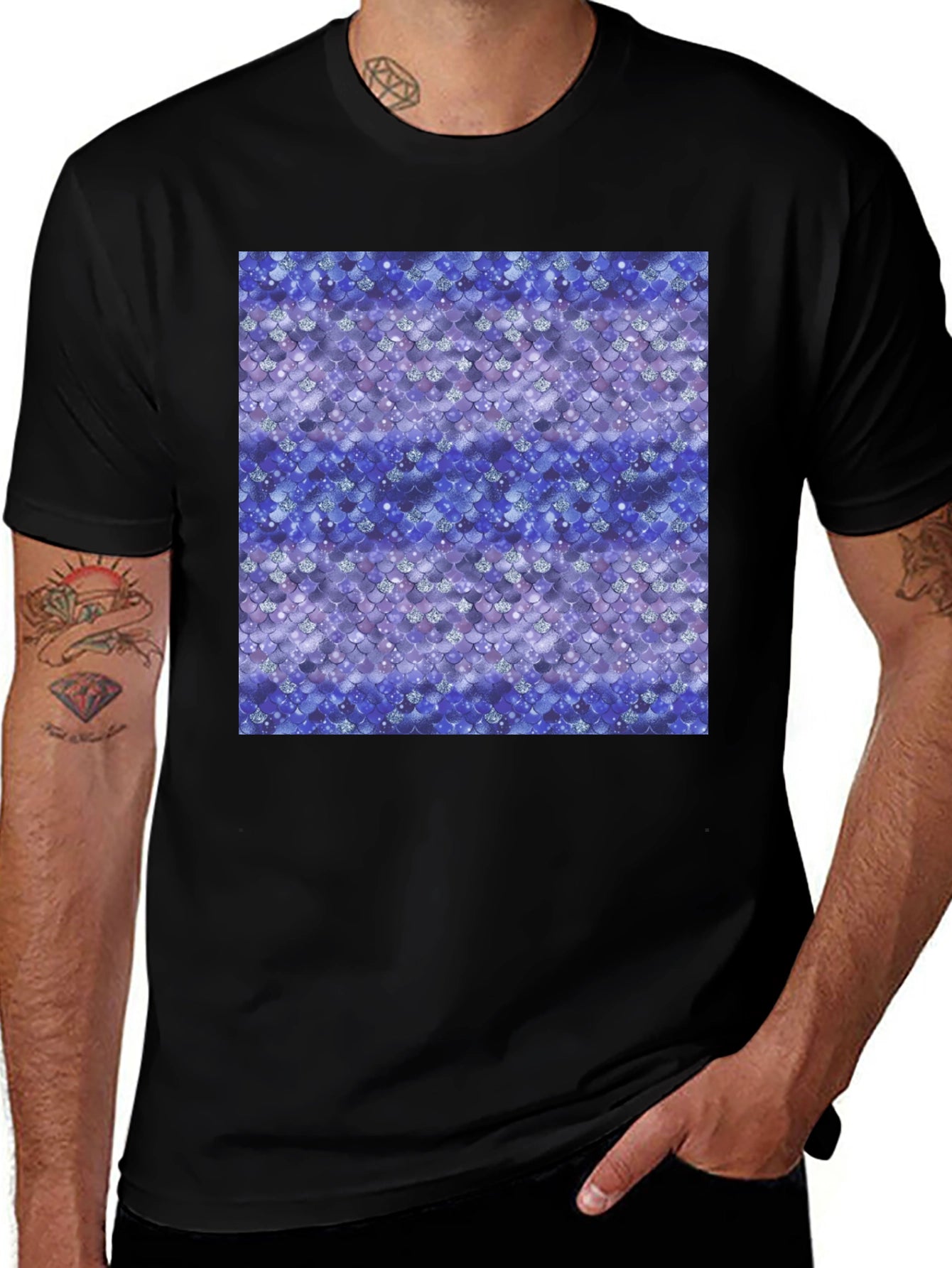 Blue Mermaid Scales Print Black T-Shirt