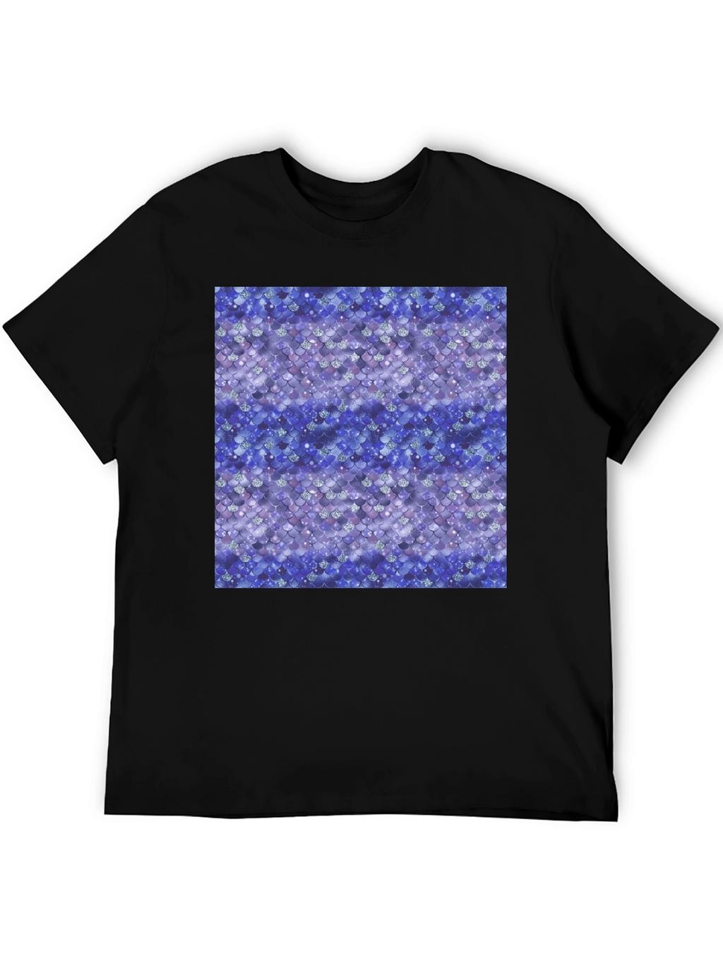Blue Mermaid Scales Print Black T-Shirt