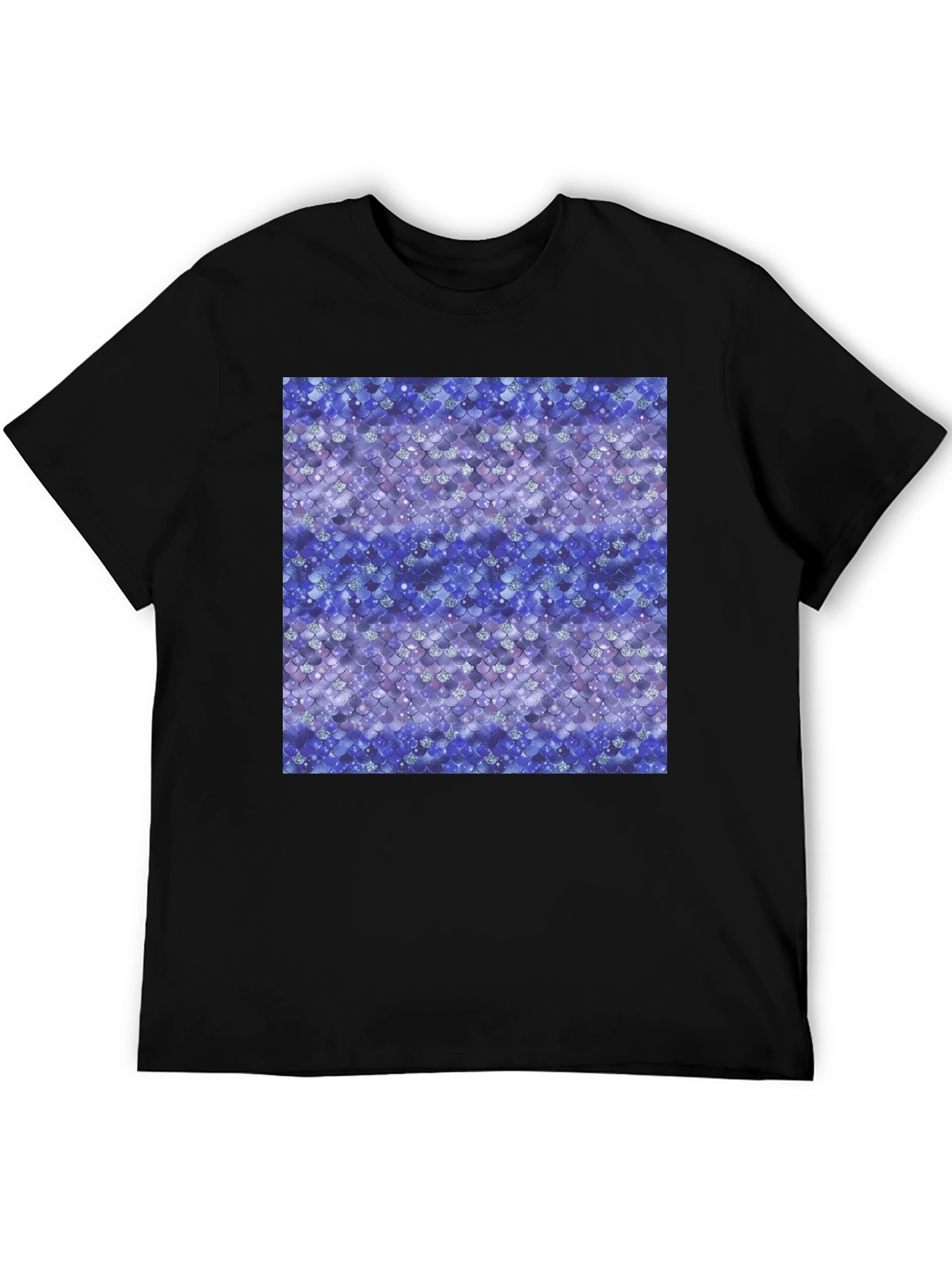Blue Mermaid Scales Print Black T-Shirt