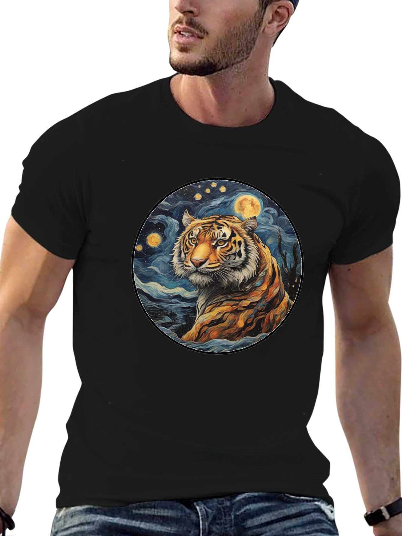 Tiger Starry Night Graphic Tee - Black Cotton