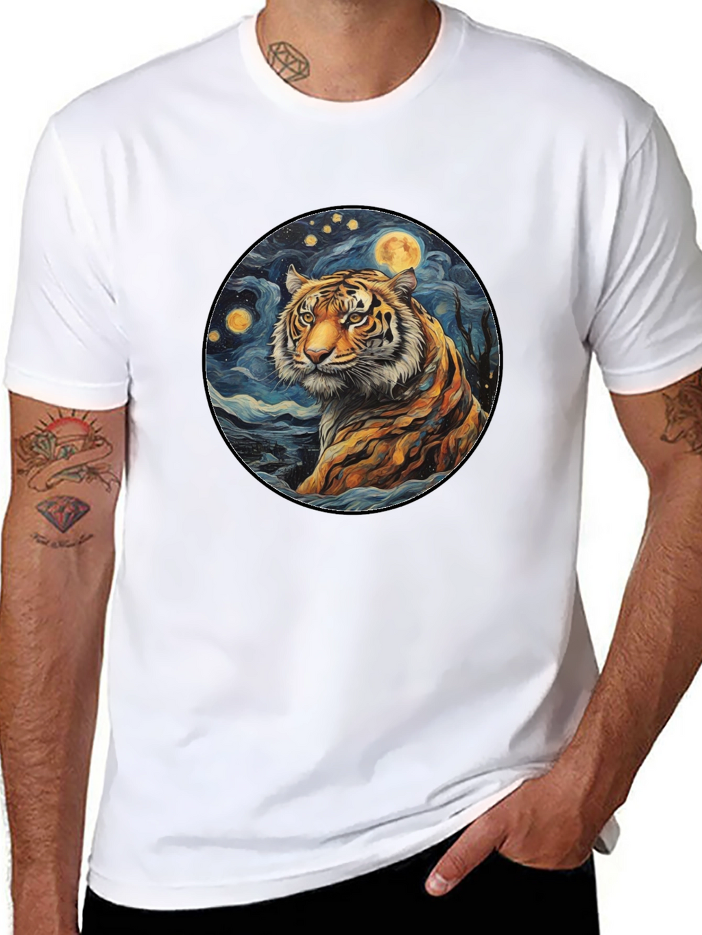 Tiger Starry Night Graphic Tee - Black Cotton