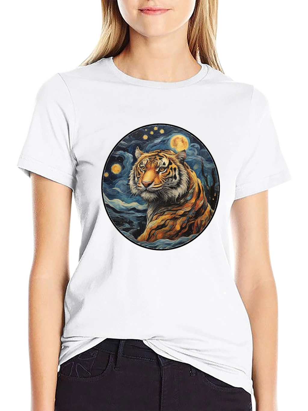 Tiger Starry Night Graphic Tee - Black Cotton