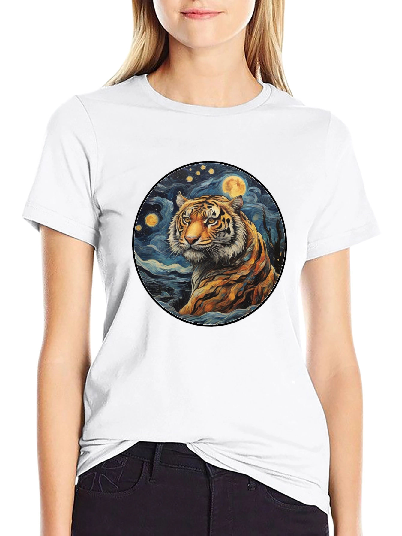 Tiger Starry Night Graphic Tee - Black Cotton