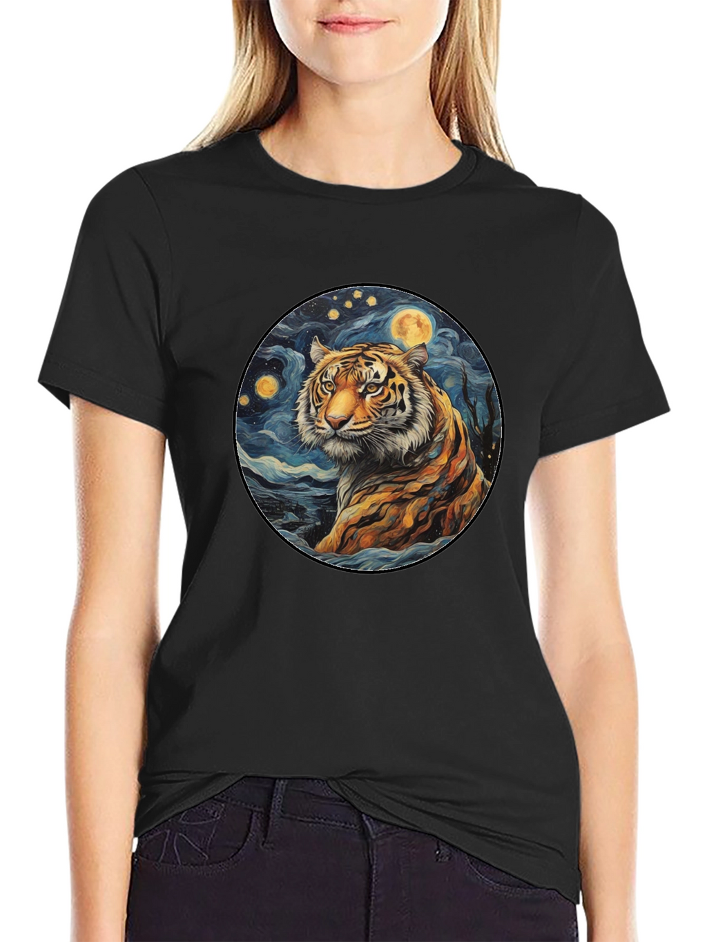 Tiger Starry Night Graphic Tee - Black Cotton