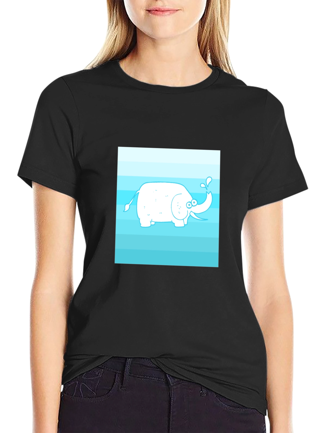Cartoon Elephant Graphic Tee - Black Cotton Casual Shirt