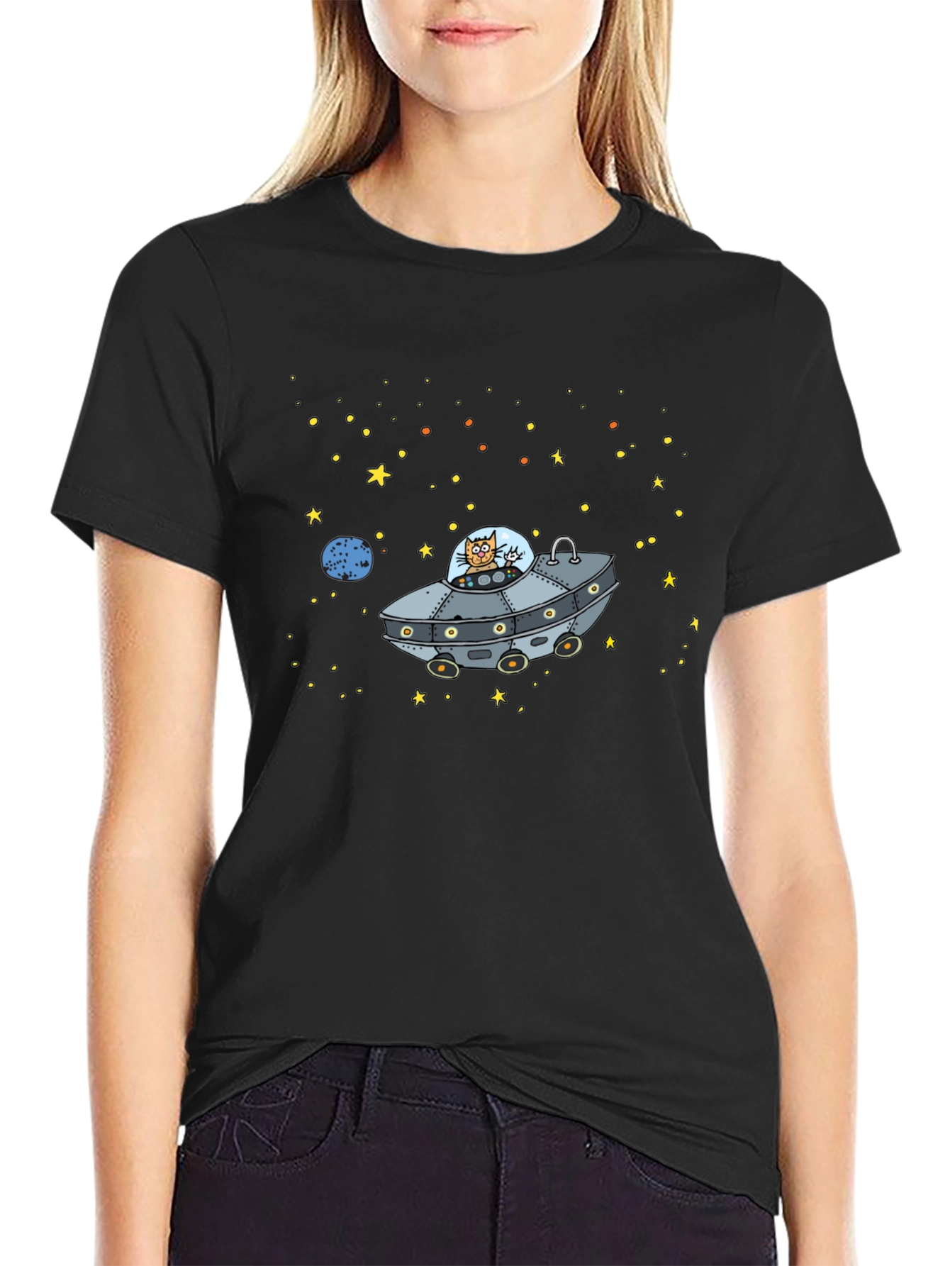Space Cat UFO Graphic T-Shirt
