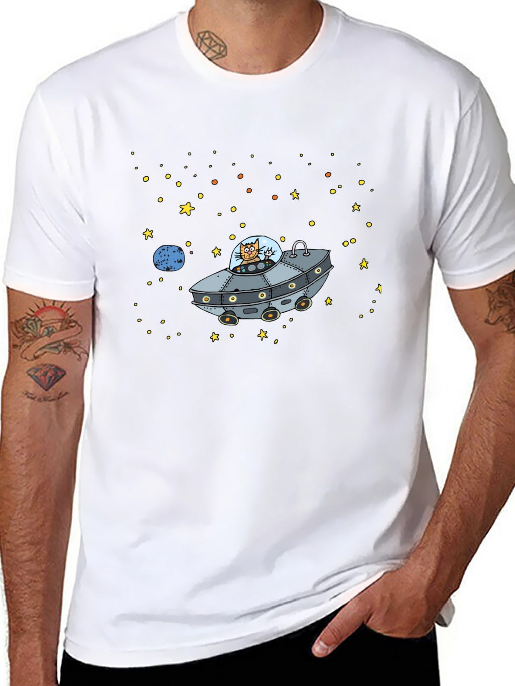 Space Cat UFO Graphic T-Shirt