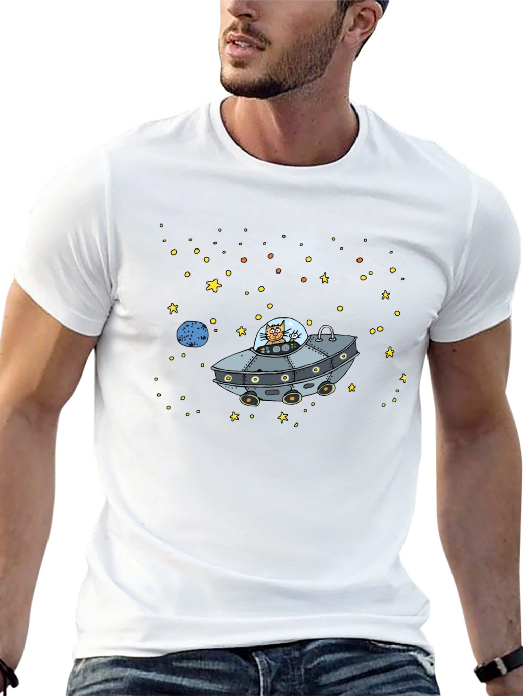 Space Cat UFO Graphic T-Shirt