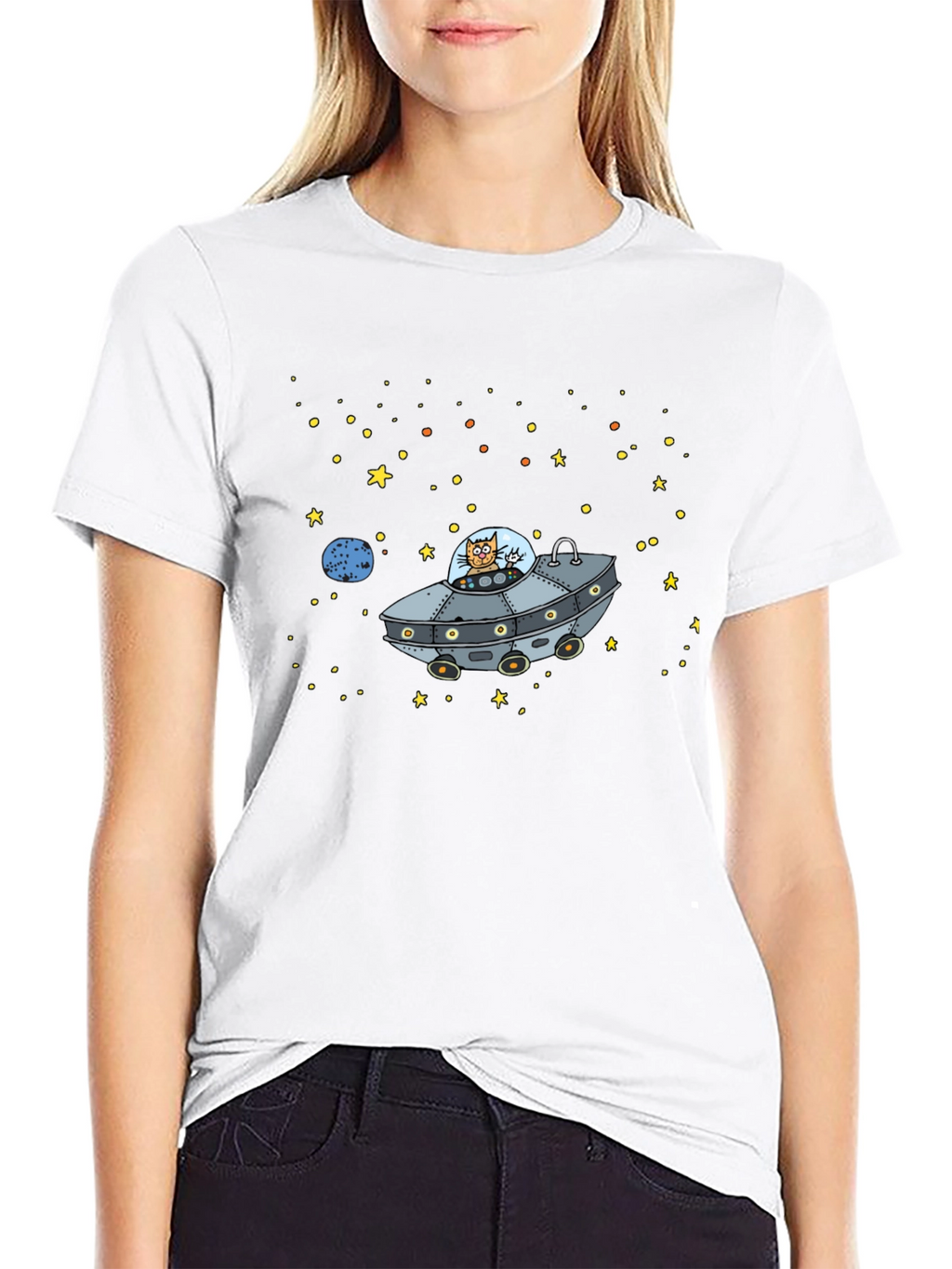 Space Cat UFO Graphic T-Shirt