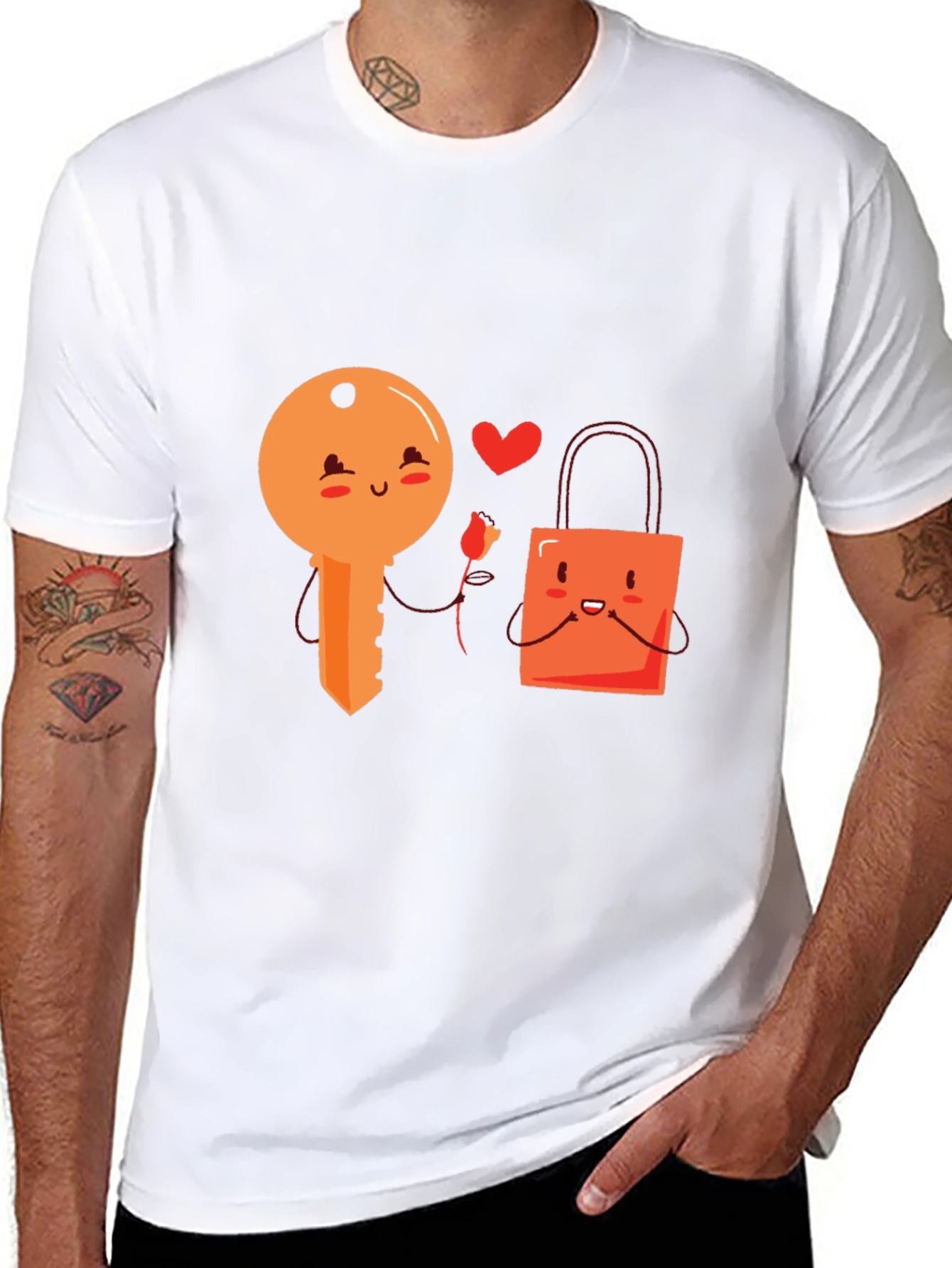 Cute Key and Lock Kawaii Cartoon Black T-Shirt