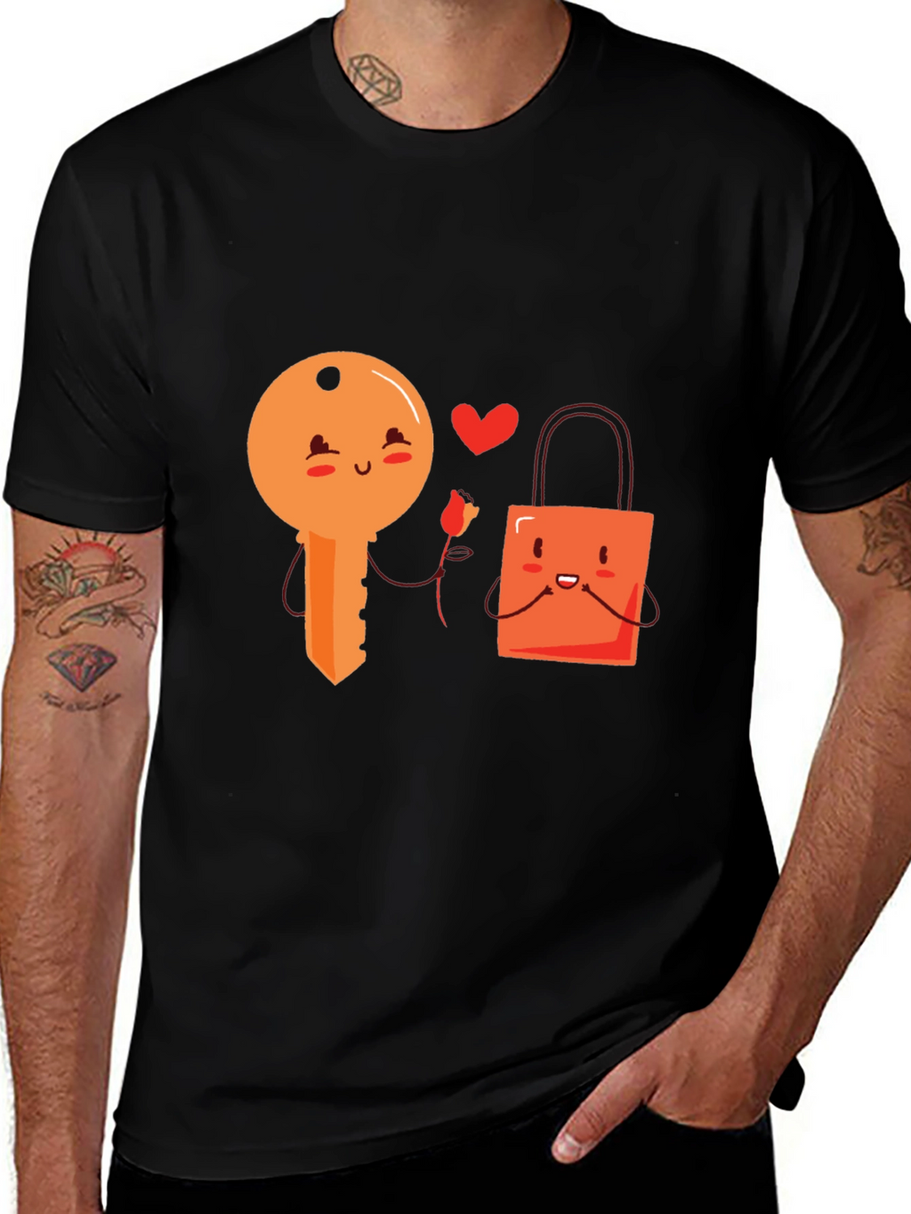 Cute Key and Lock Kawaii Cartoon Black T-Shirt