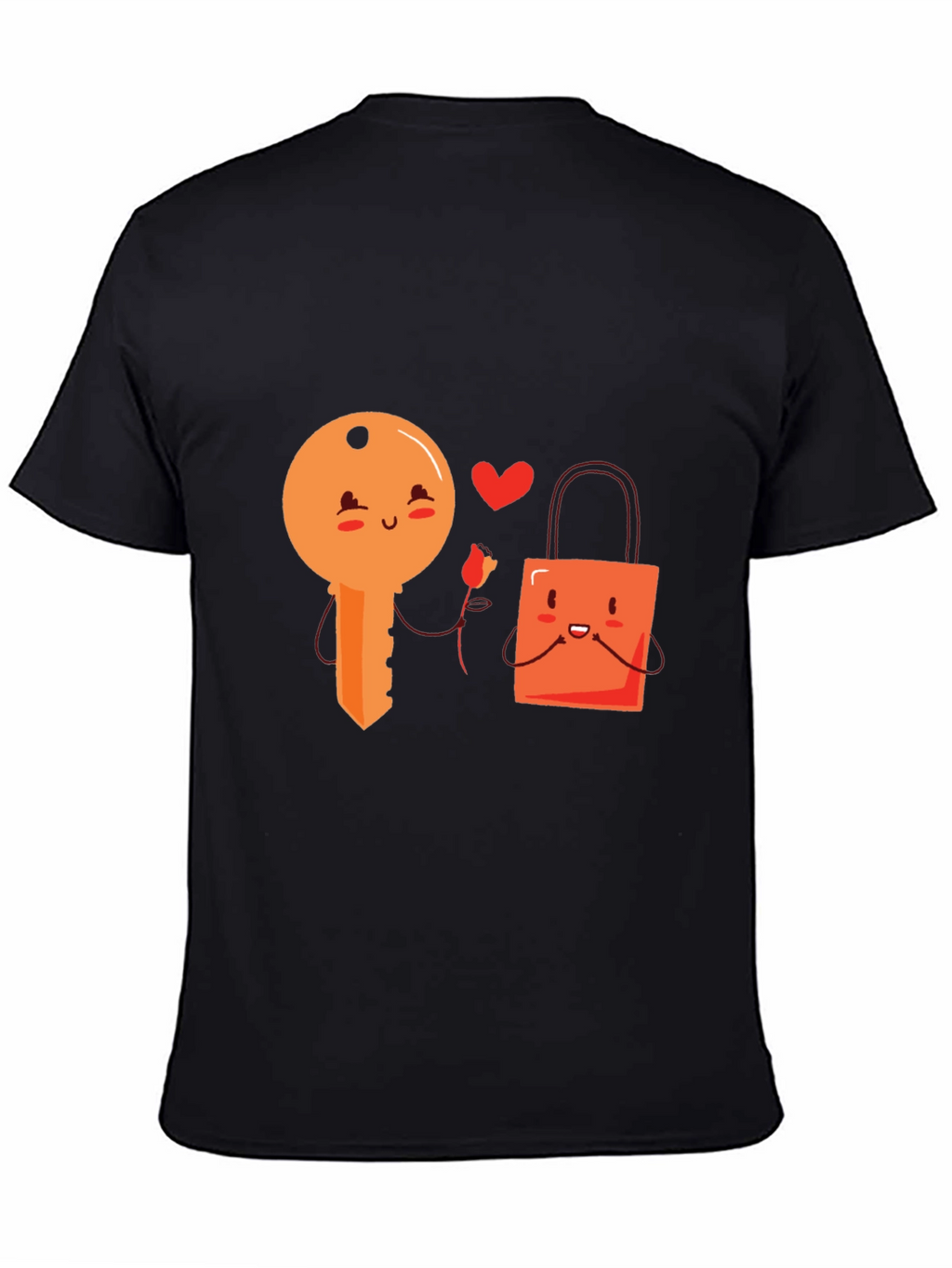 Cute Key and Lock Kawaii Cartoon Black T-Shirt