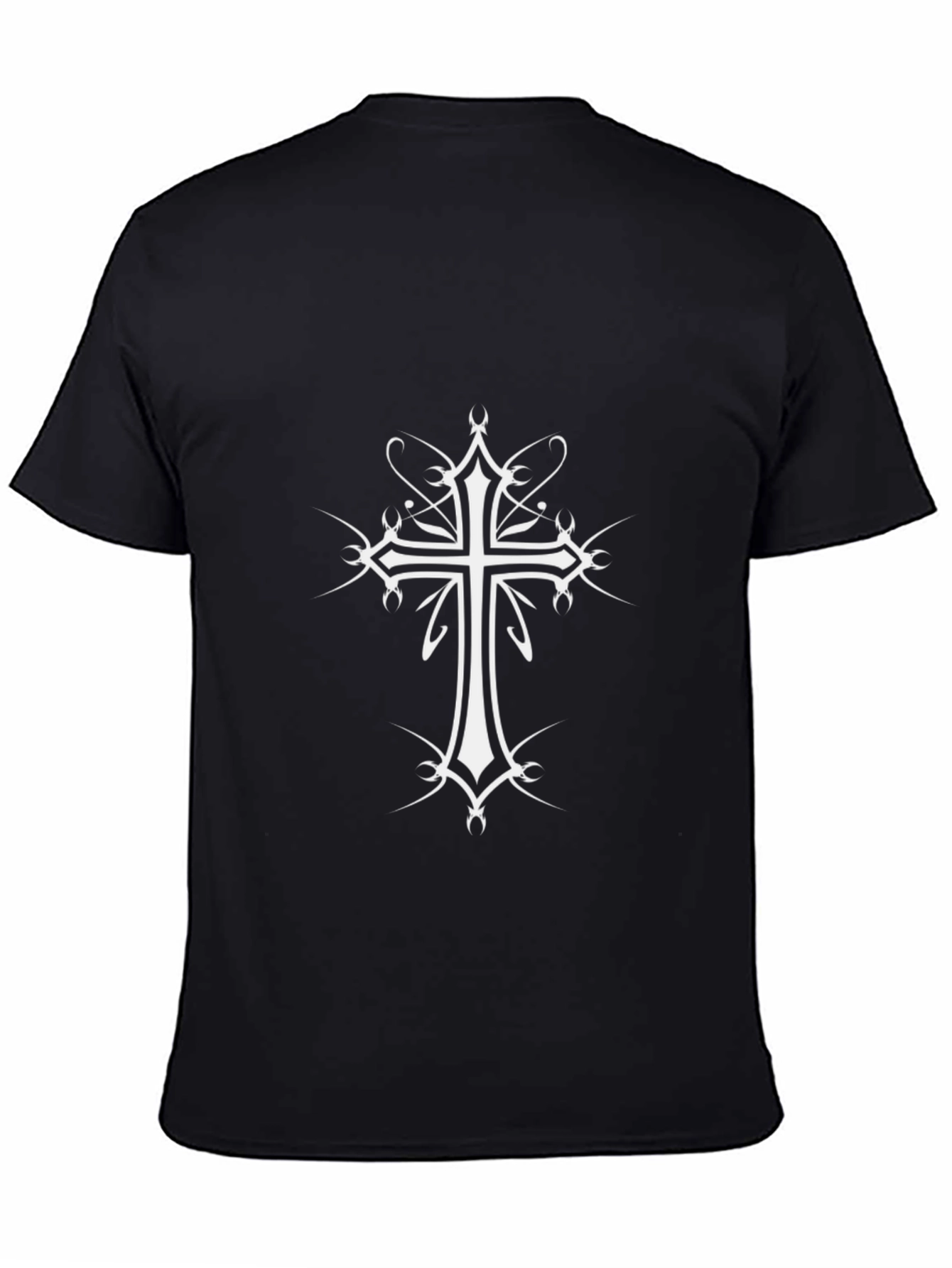 Black T-Shirt with White Ornamental Cross Design