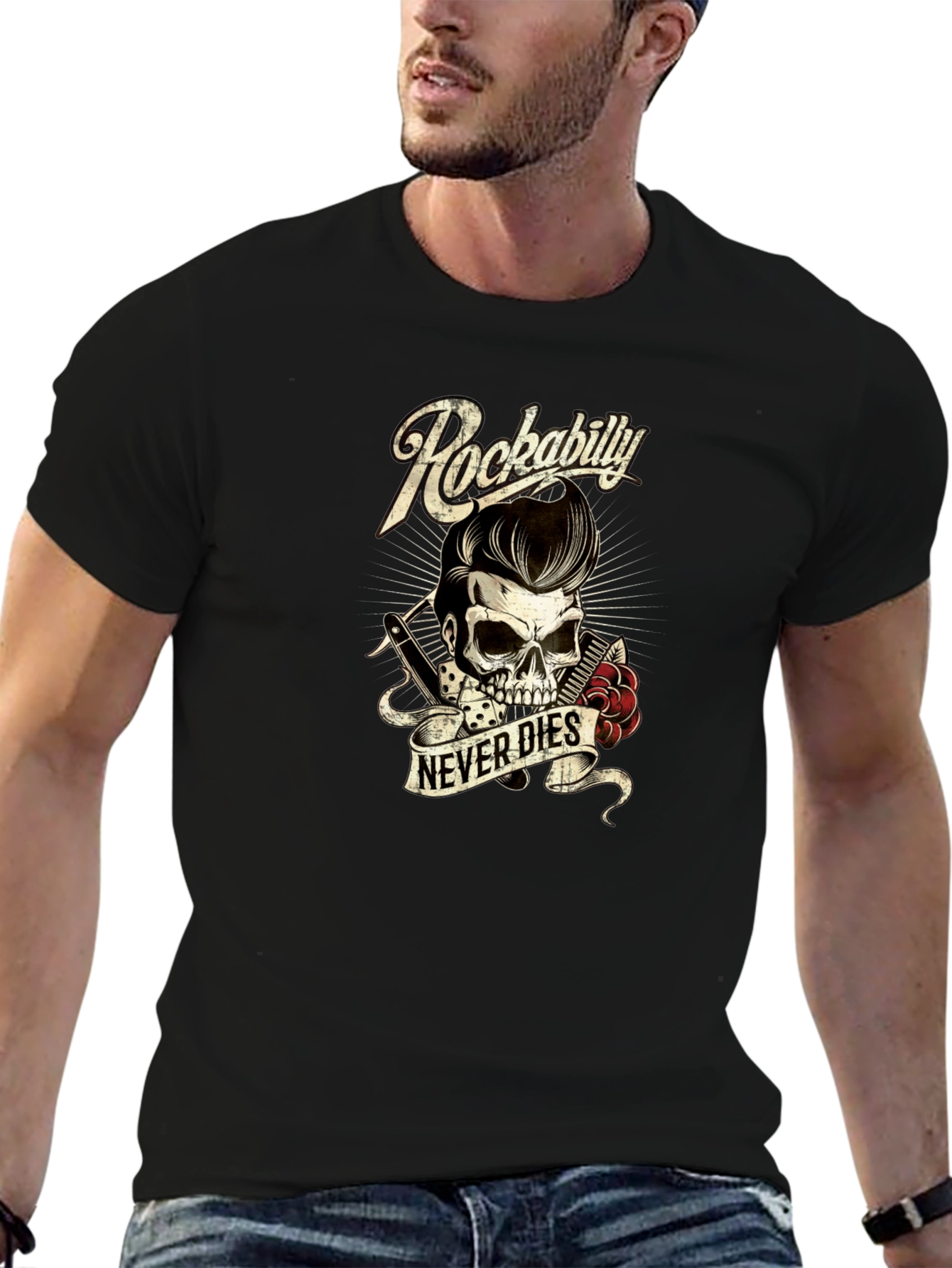 Rockabilly Skull Graphic Tee - Never Dies!