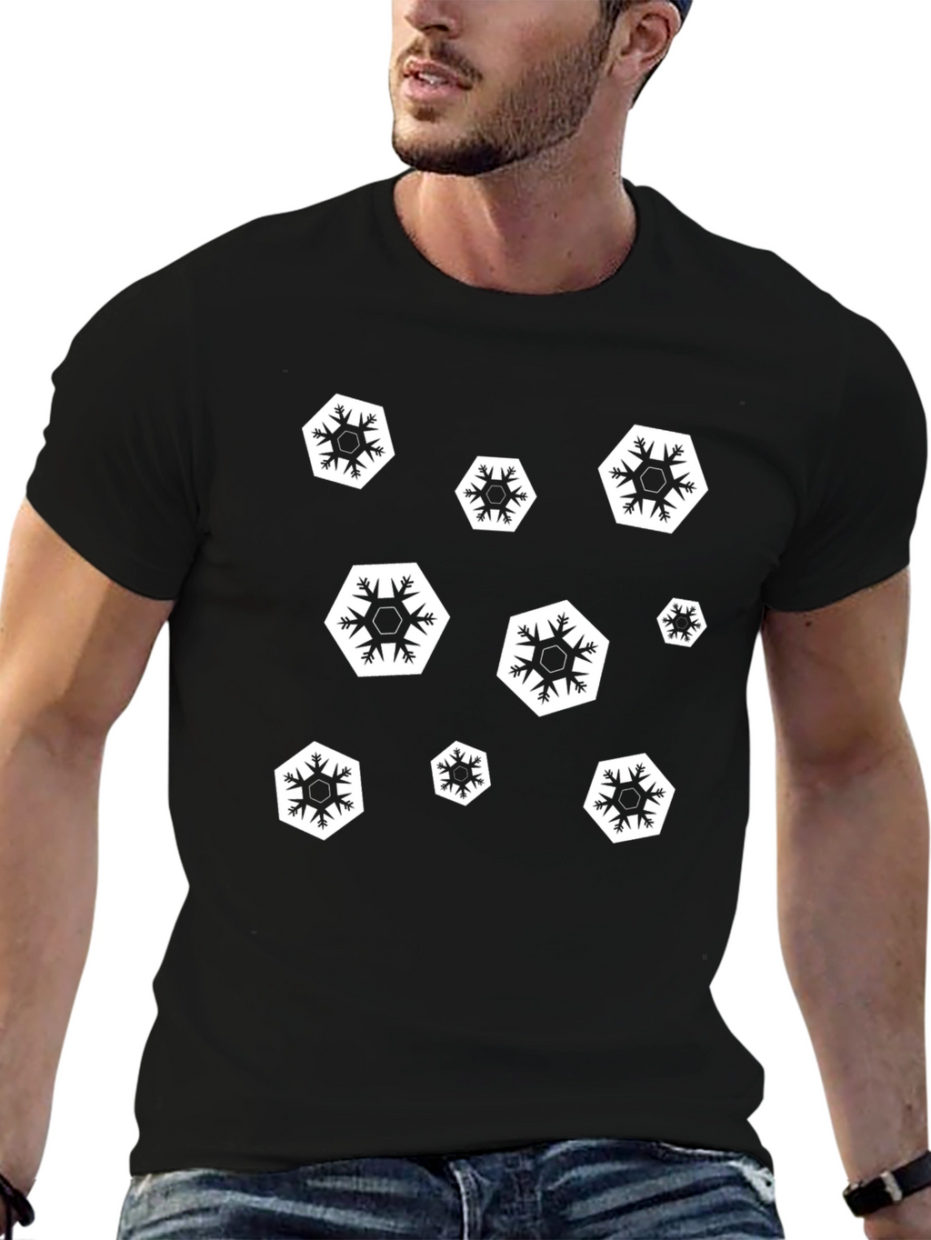 Black Snowflake Pattern T-Shirt