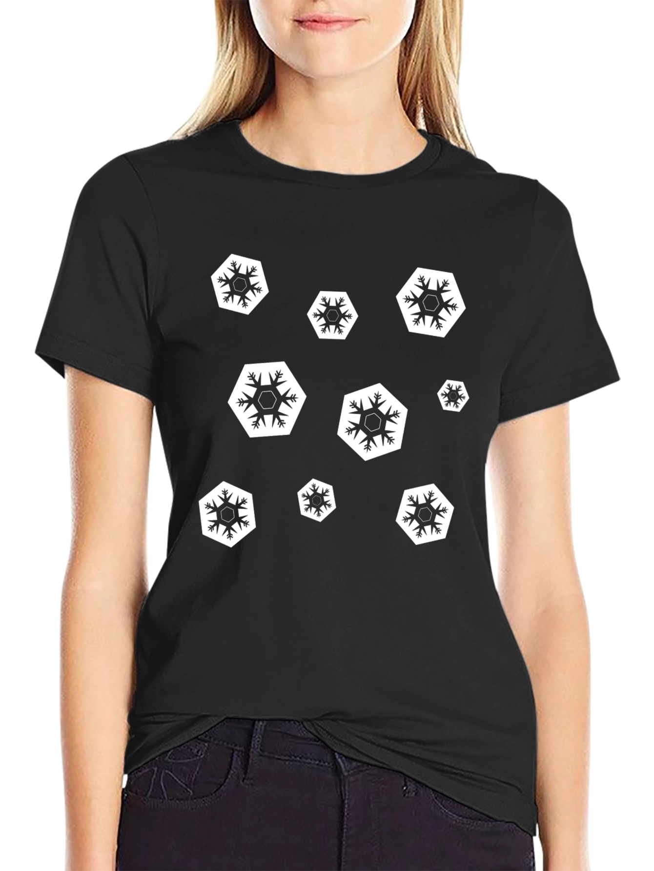 Black Snowflake Pattern T-Shirt