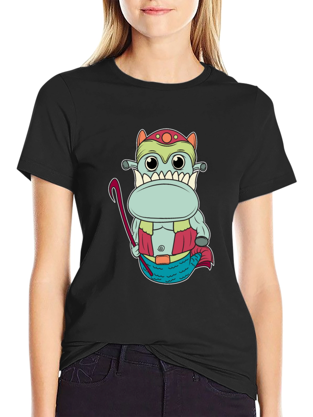 Funny Cartoon Creature Graphic Tee - Black