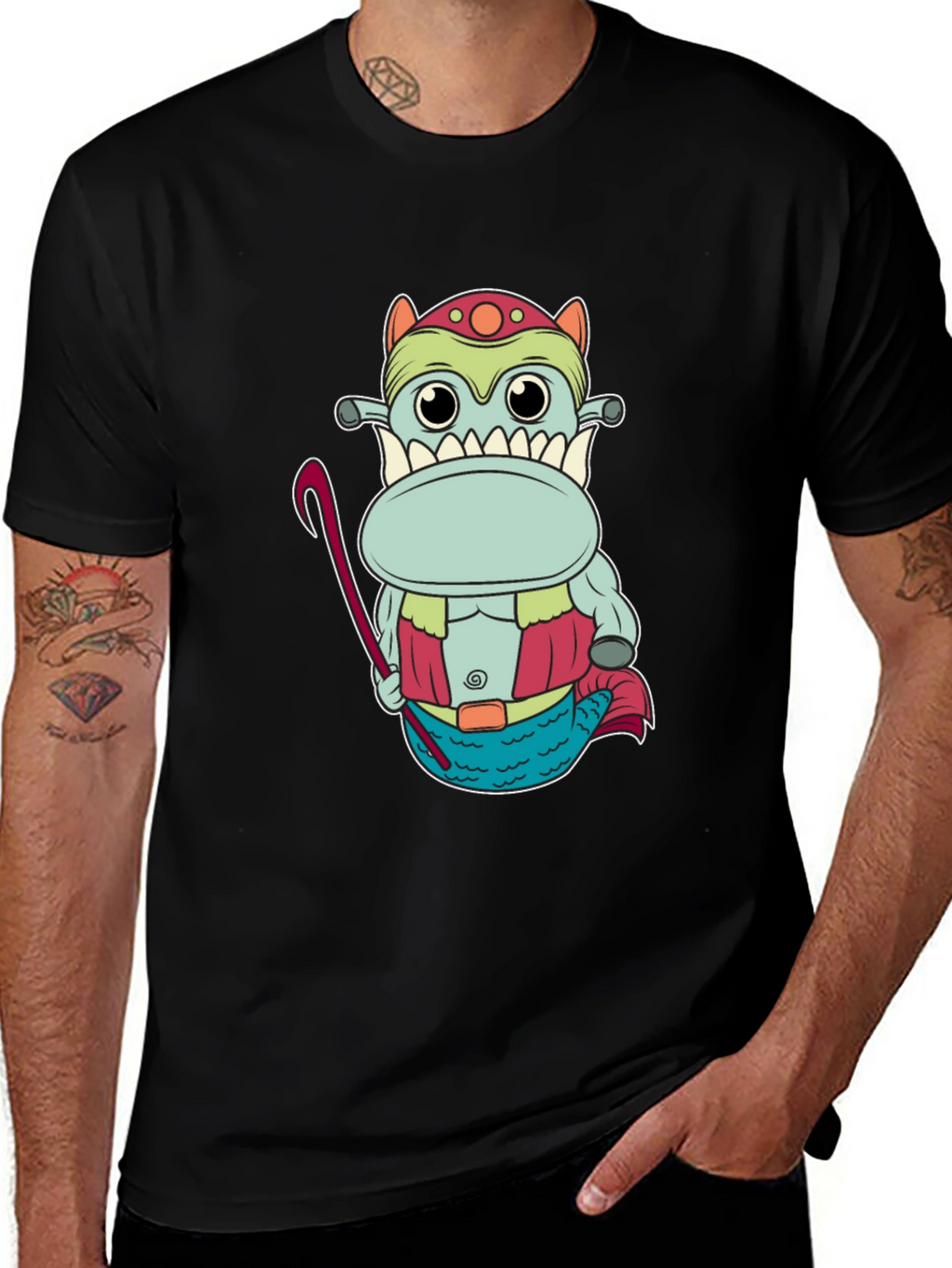 Funny Cartoon Creature Graphic Tee - Black
