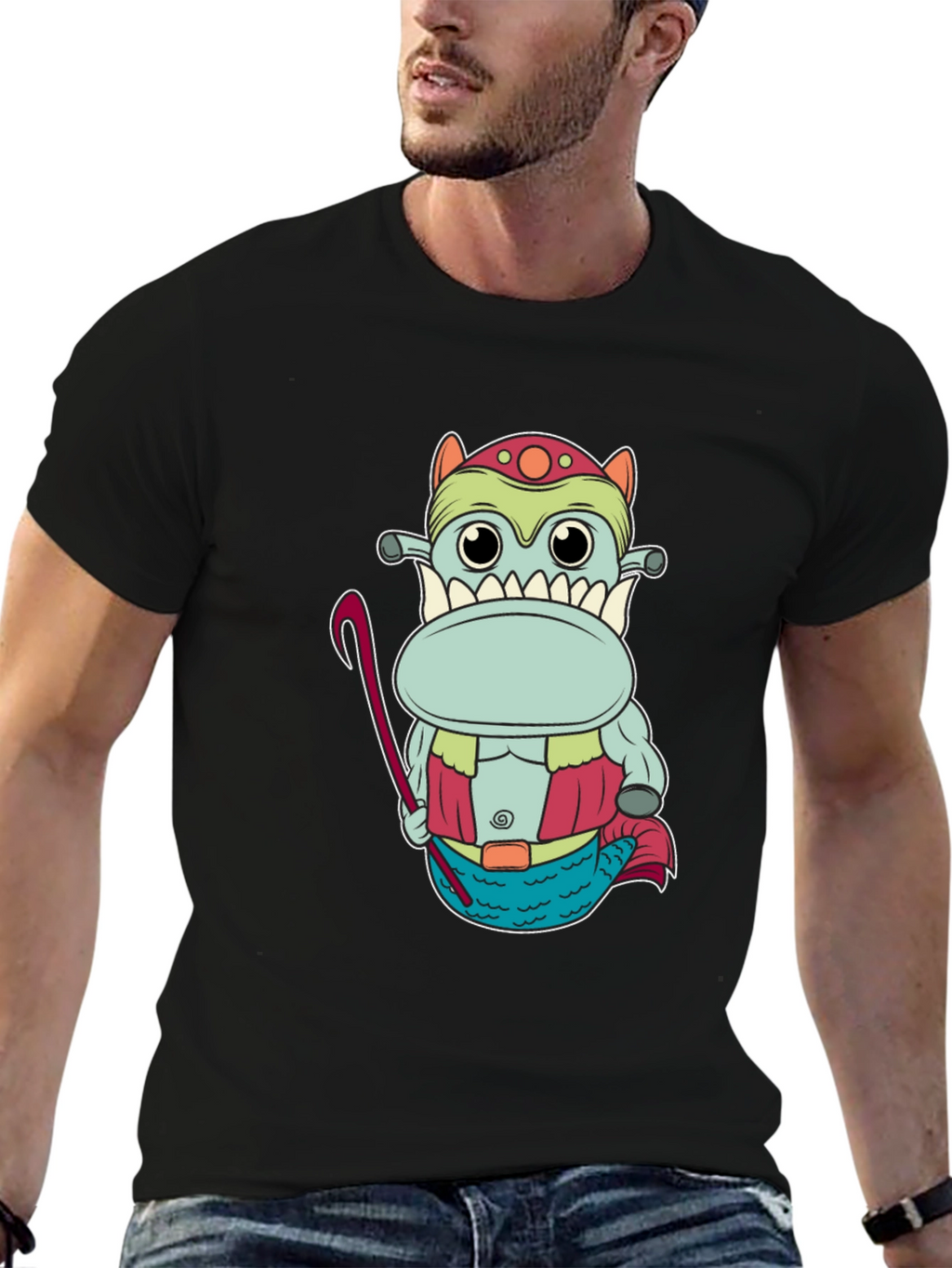 Funny Cartoon Creature Graphic Tee - Black
