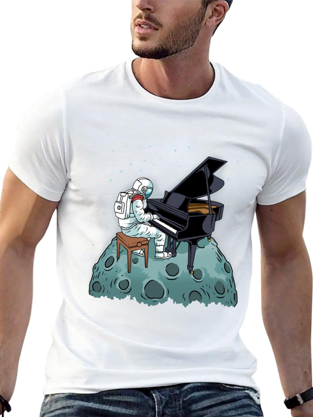 Astronaut Piano Player Black T-Shirt