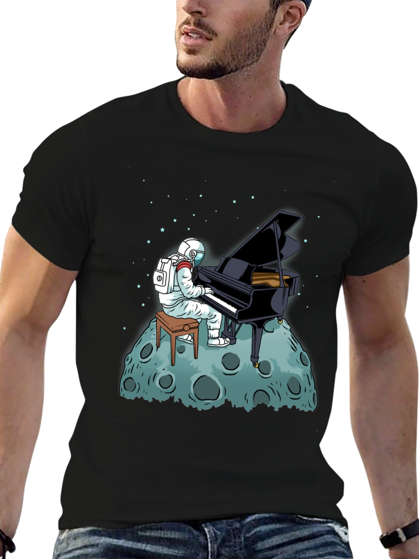 Astronaut Piano Player Black T-Shirt