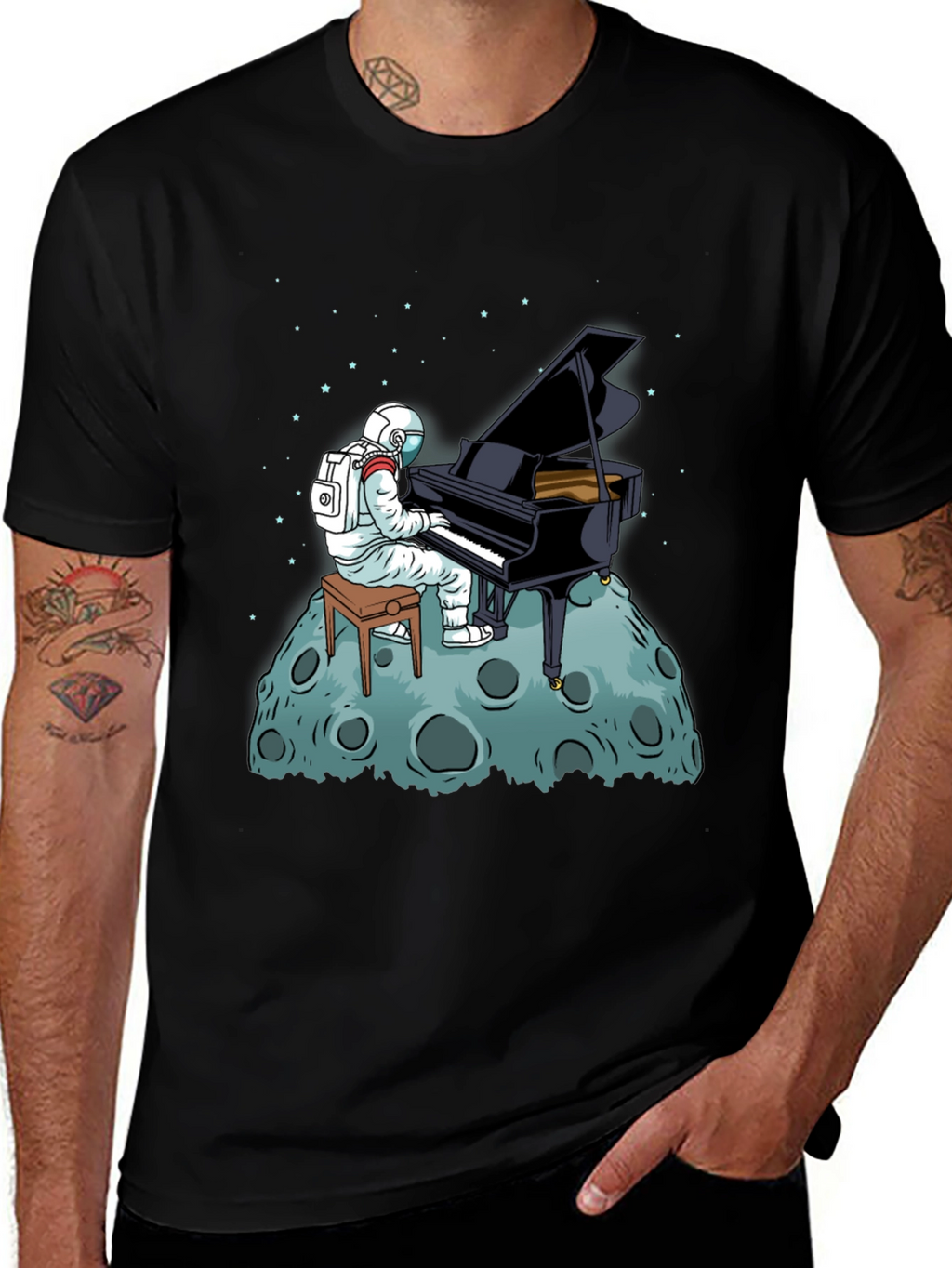 Astronaut Piano Player Black T-Shirt