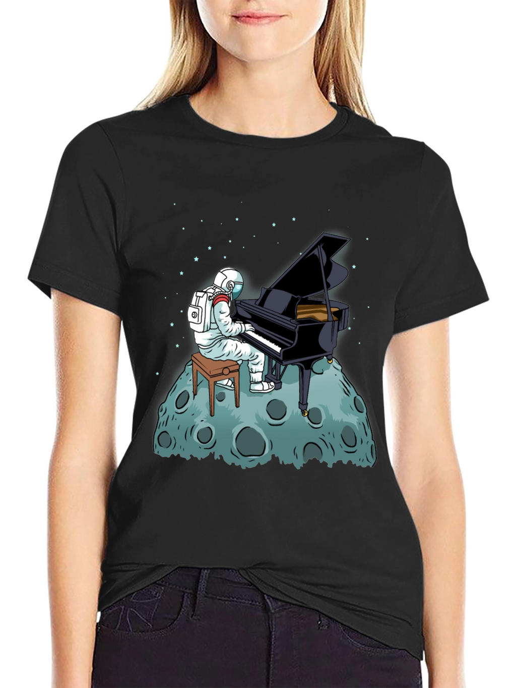 Astronaut Piano Player Black T-Shirt