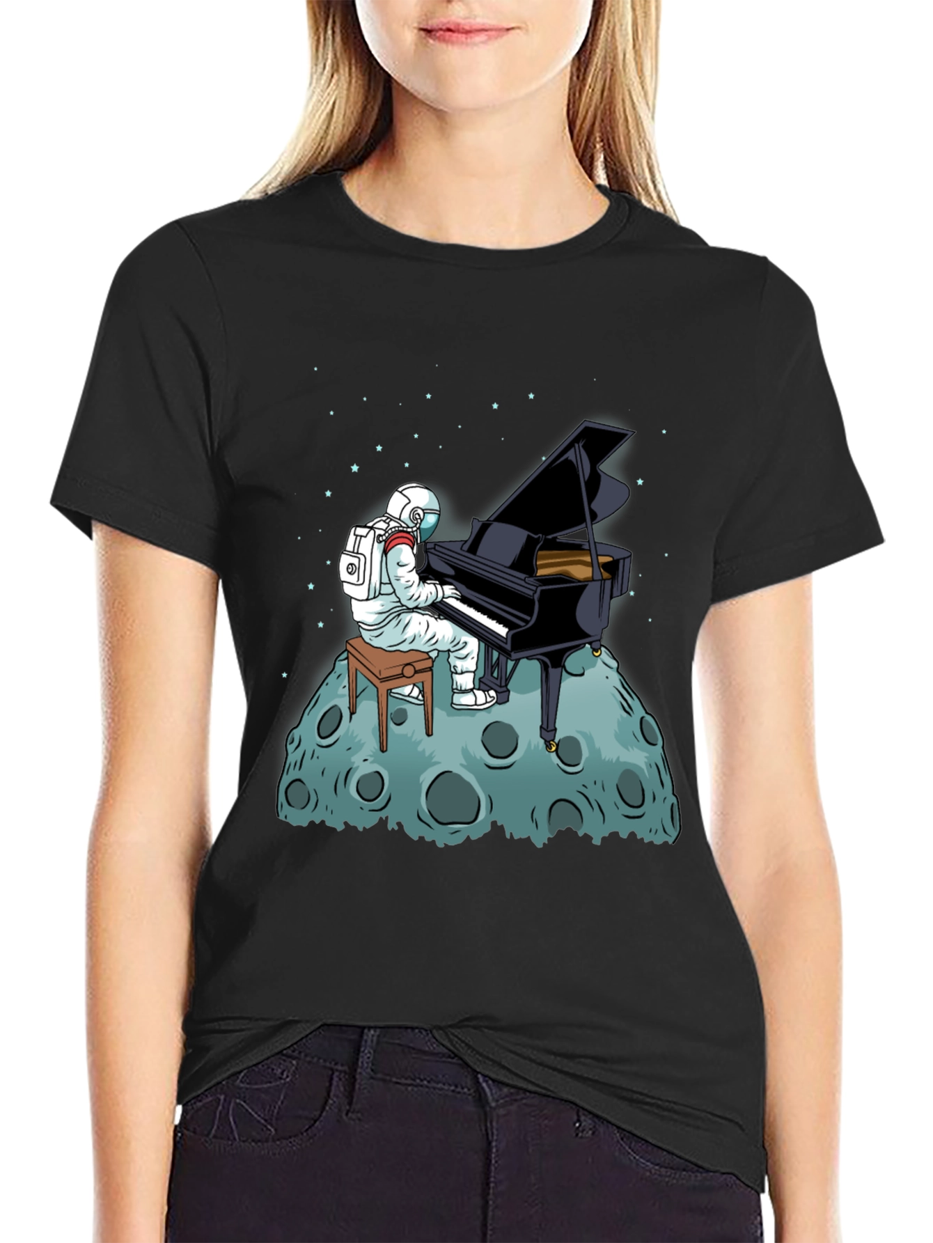 Astronaut Piano Player Black T-Shirt