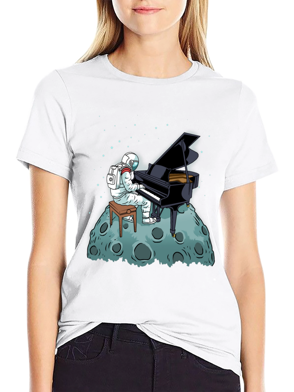 Astronaut Piano Player Black T-Shirt