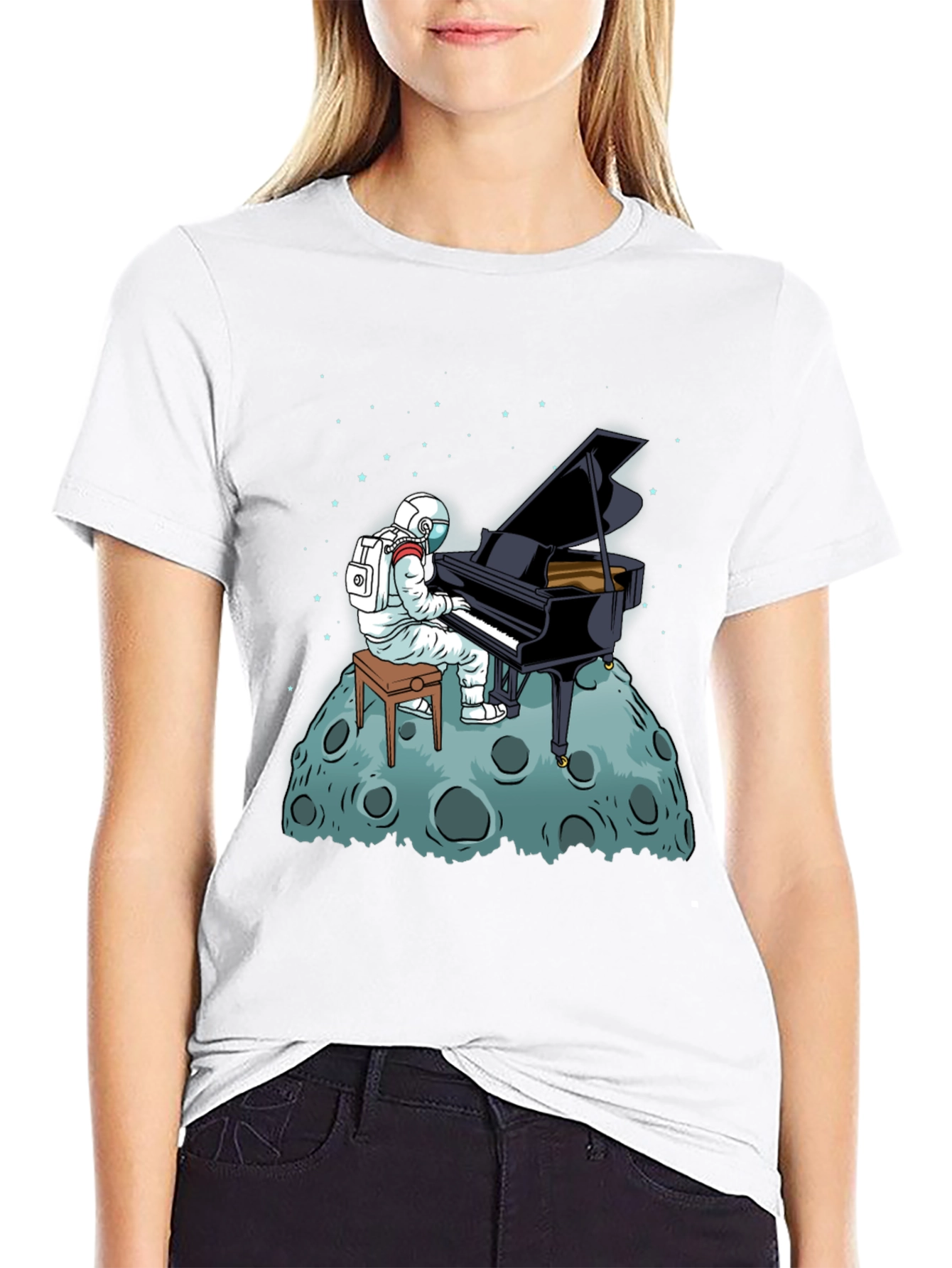 Astronaut Piano Player Black T-Shirt
