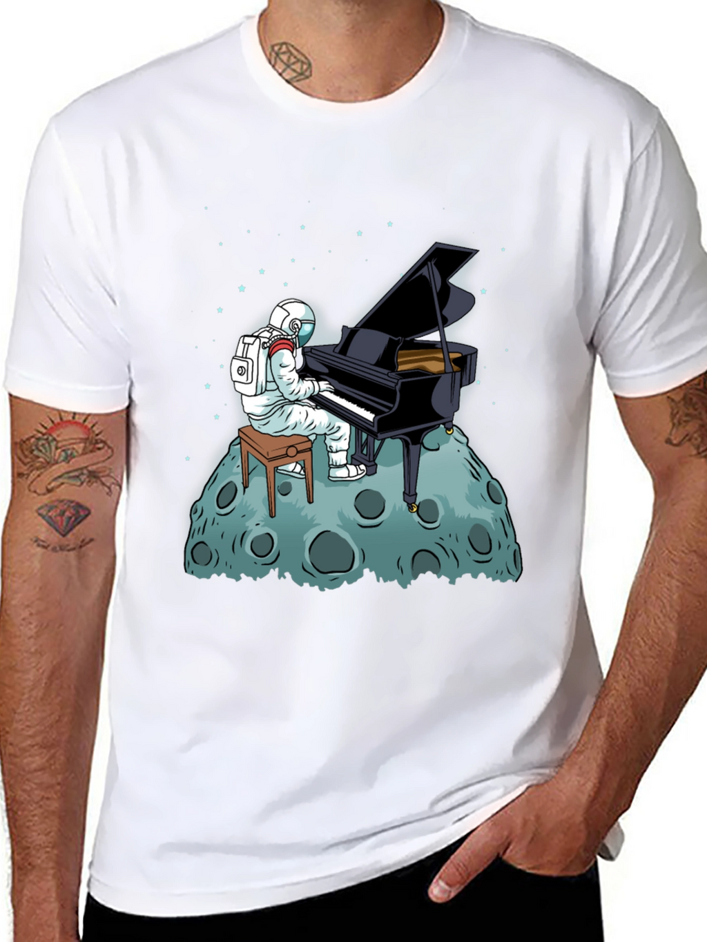 Astronaut Piano Player Black T-Shirt