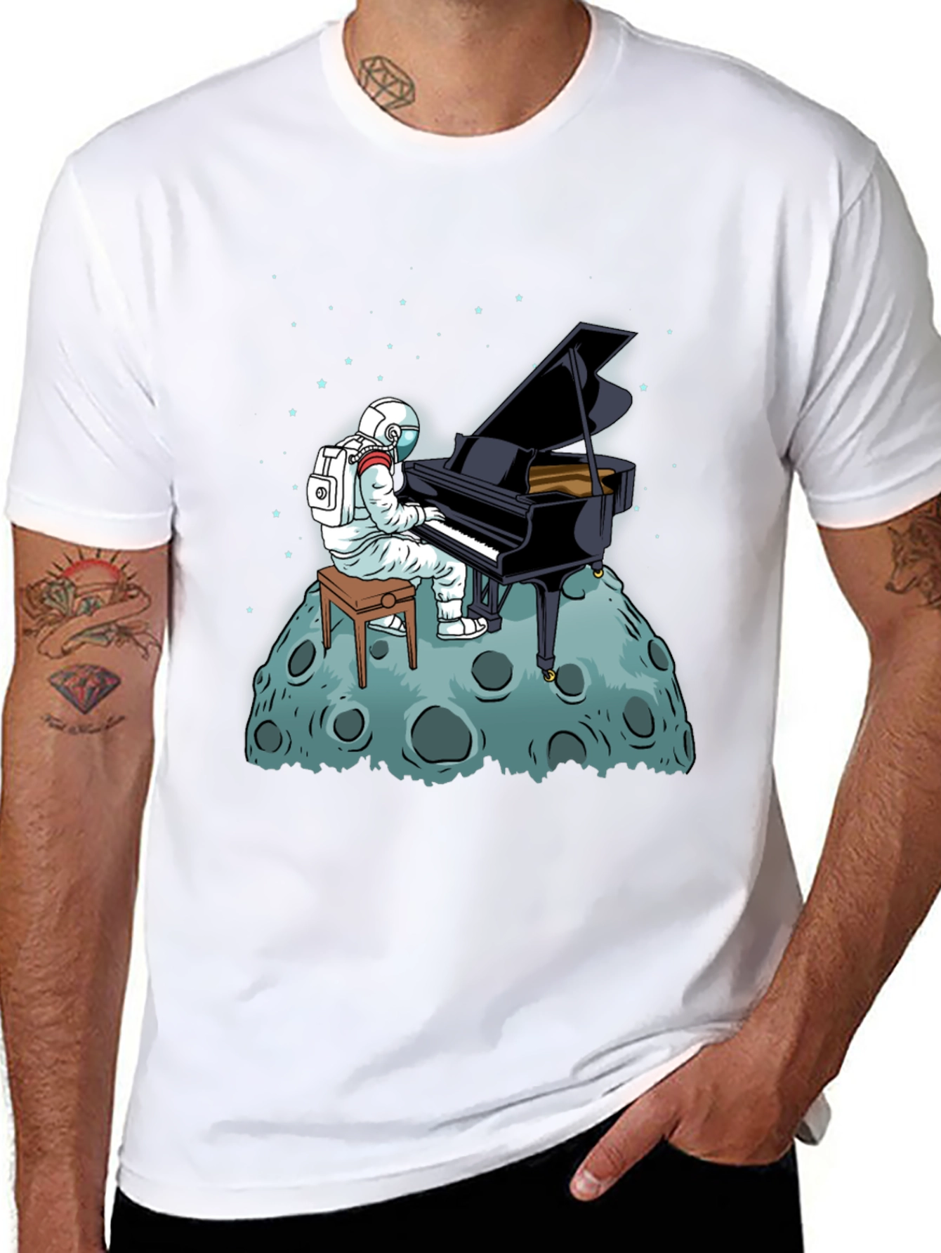 Astronaut Piano Player Black T-Shirt