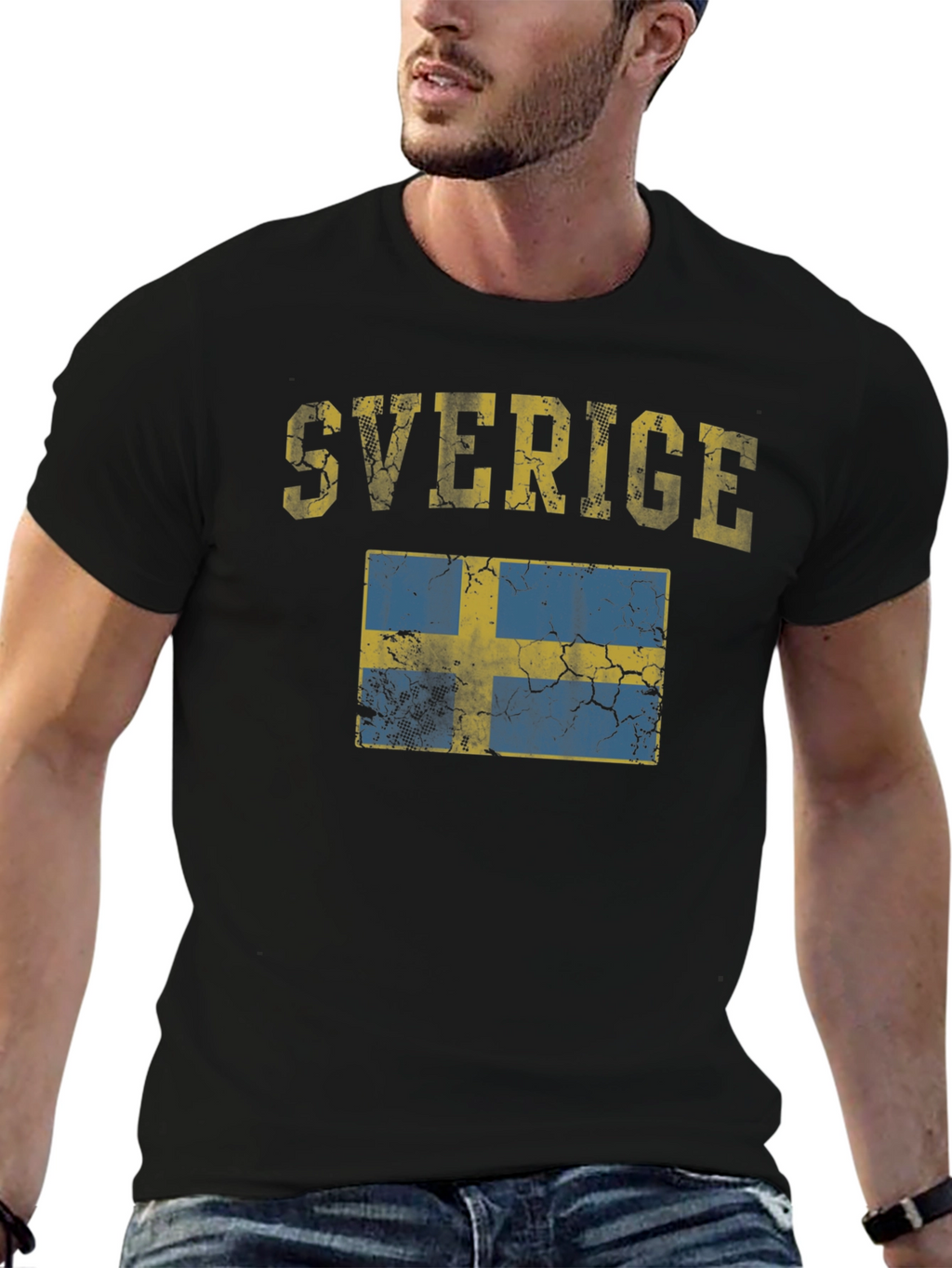 Sverige Sweden Flag Distressed Black T-Shirt