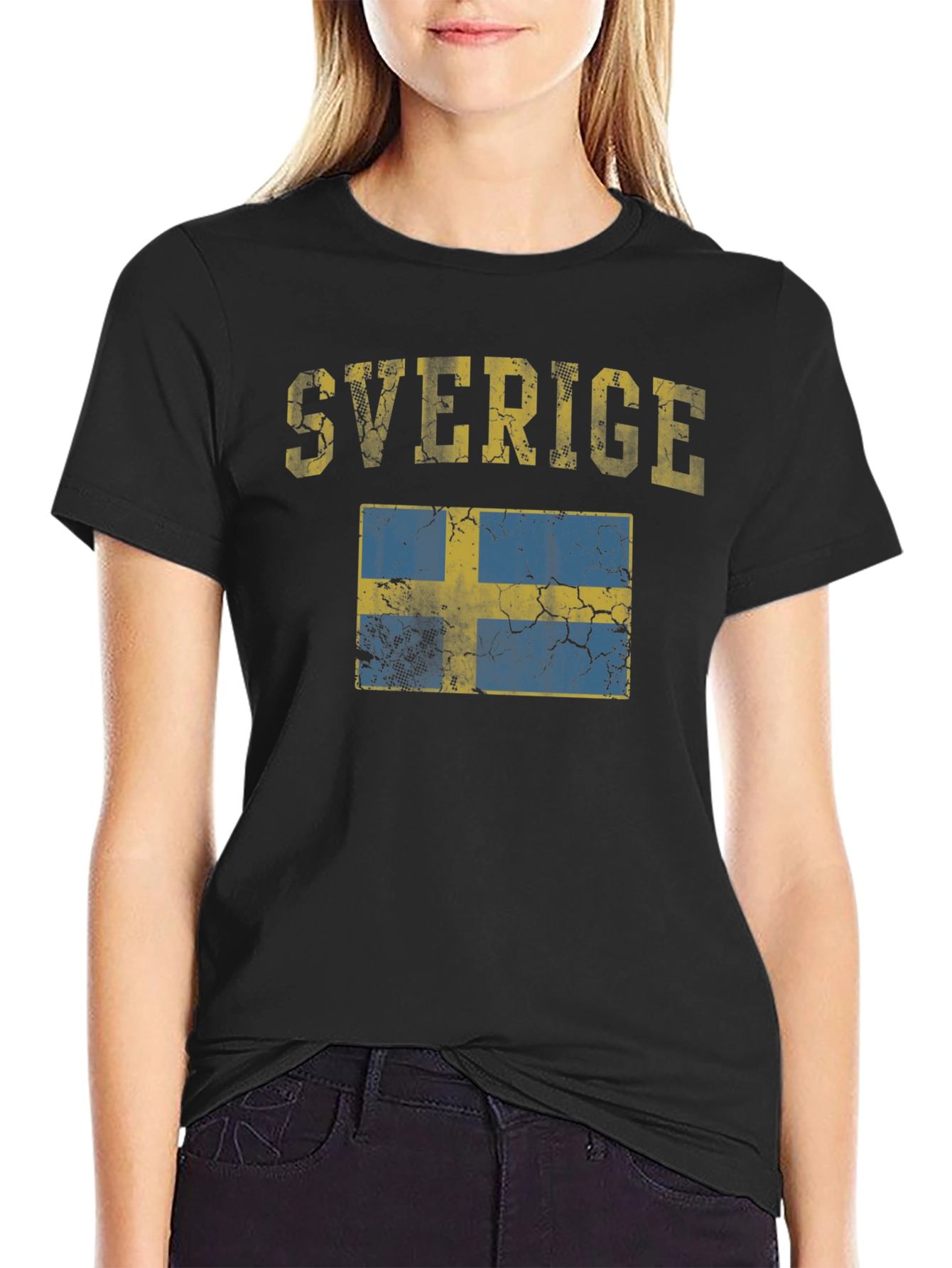 Sverige Sweden Flag Distressed Black T-Shirt