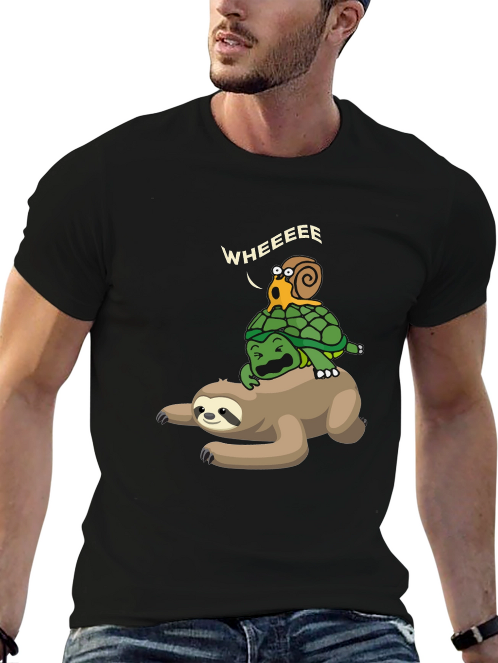 Funny Sloth Turtle Snail Wheeee Black T-Shirt