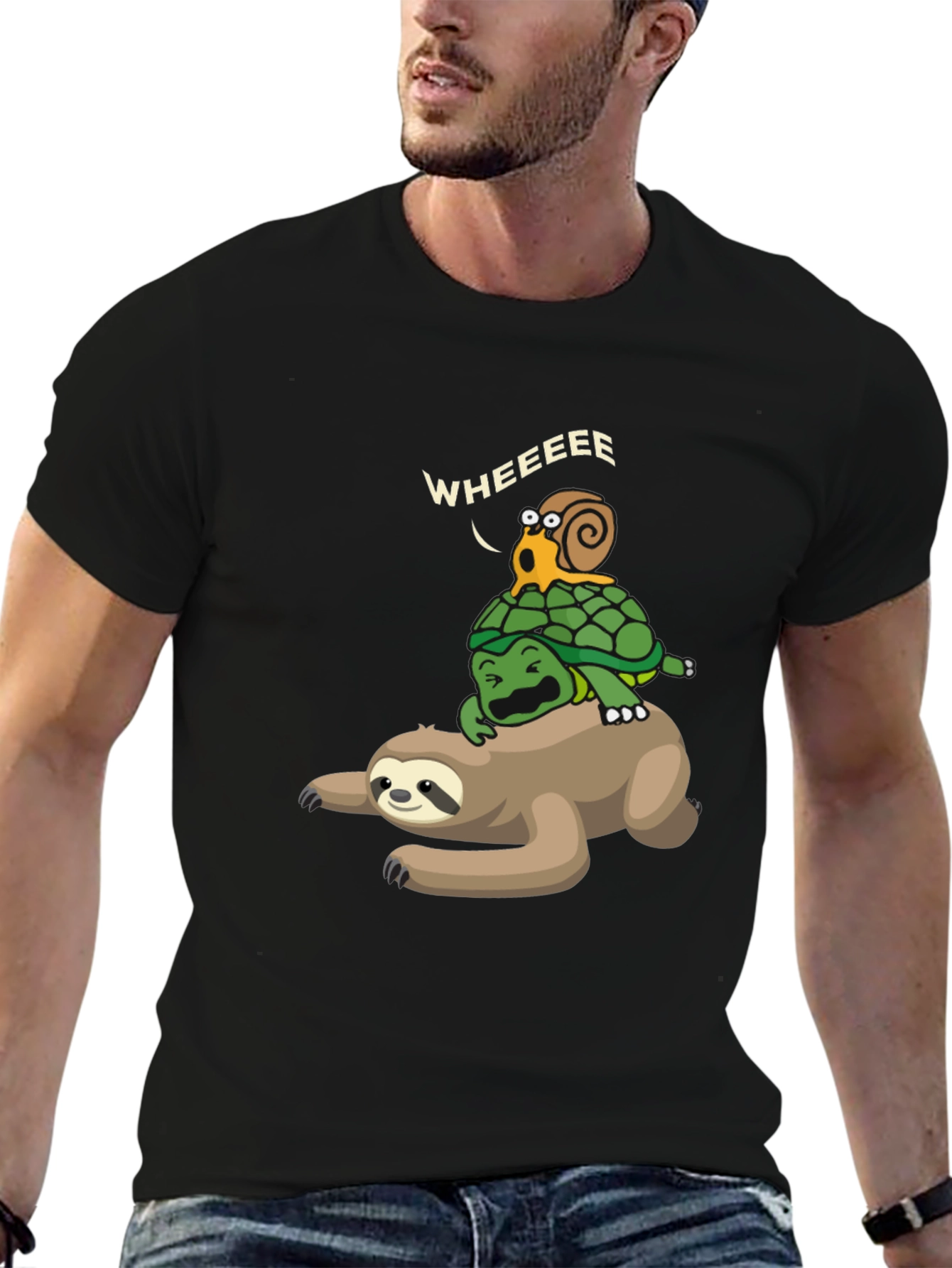 Funny Sloth Turtle Snail Wheeee Black T-Shirt
