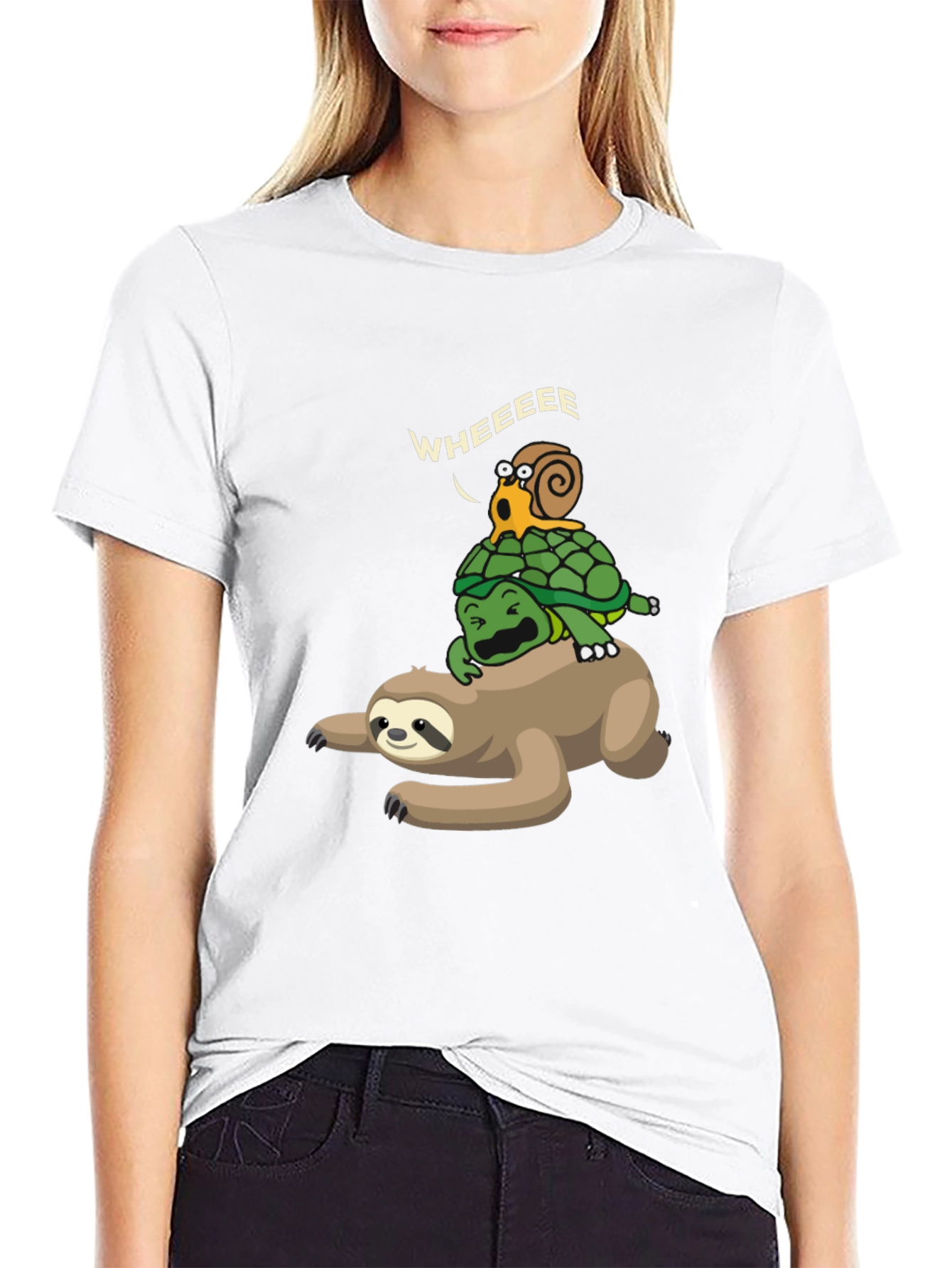 Funny Sloth Turtle Snail Wheeee Black T-Shirt
