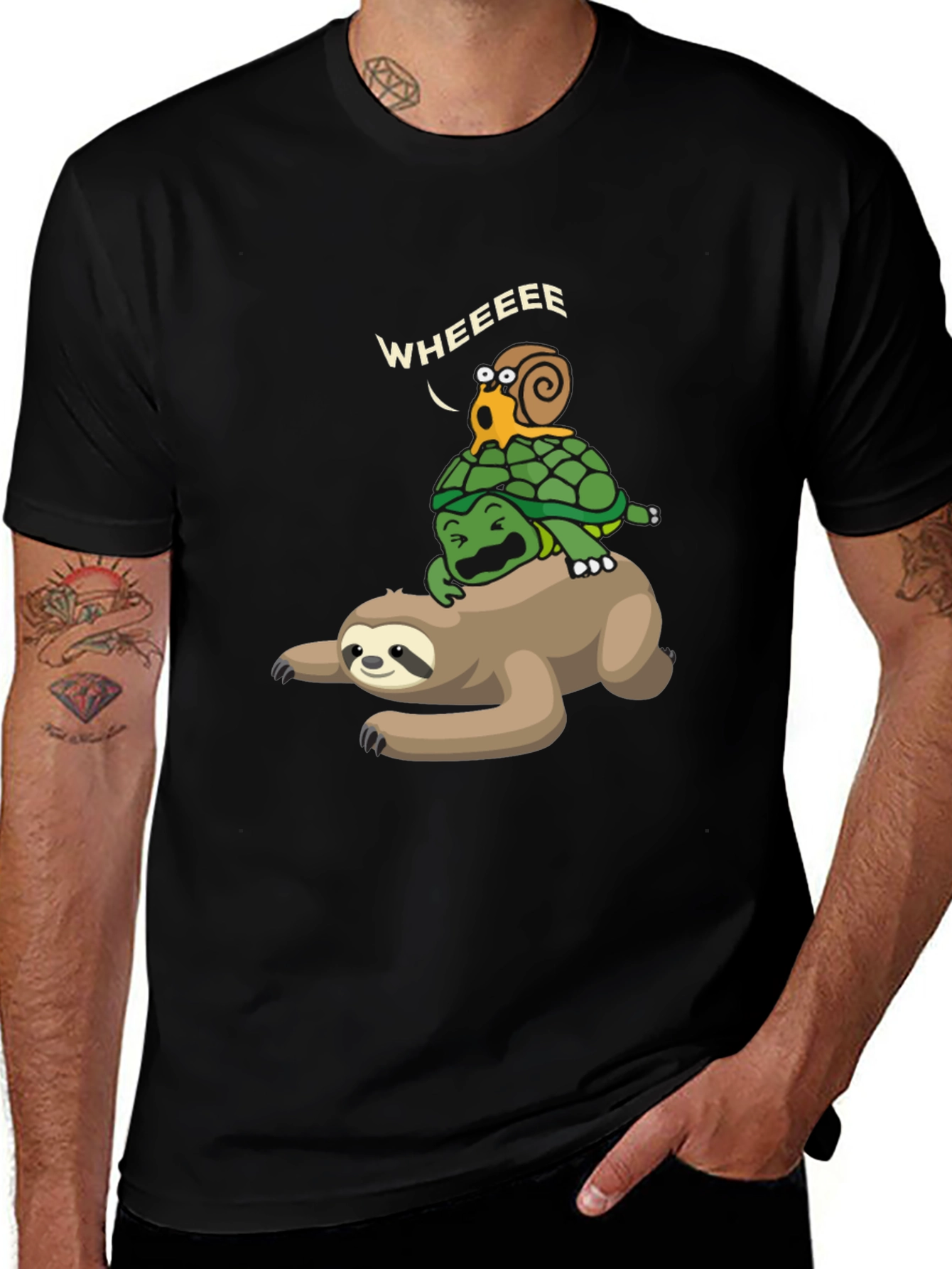 Funny Sloth Turtle Snail Wheeee Black T-Shirt