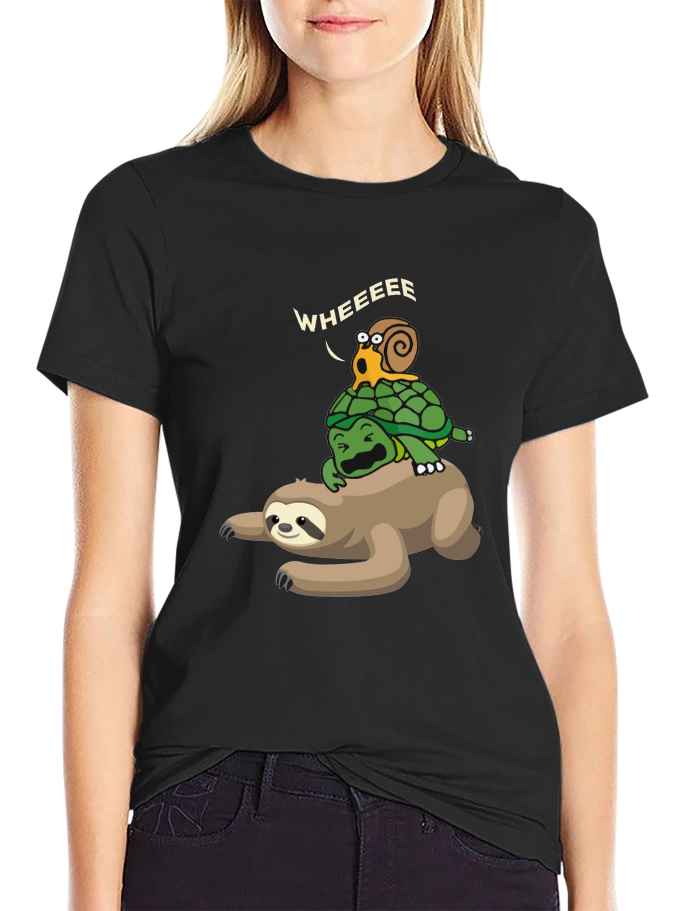 Funny Sloth Turtle Snail Wheeee Black T-Shirt