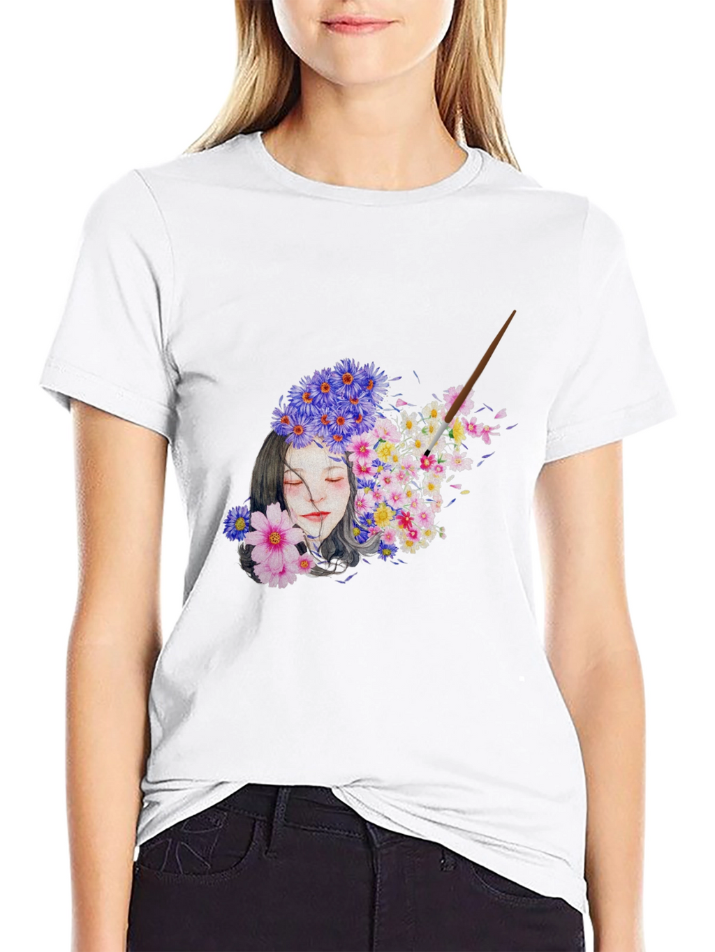 Floral Woman Graphic Black T-Shirt