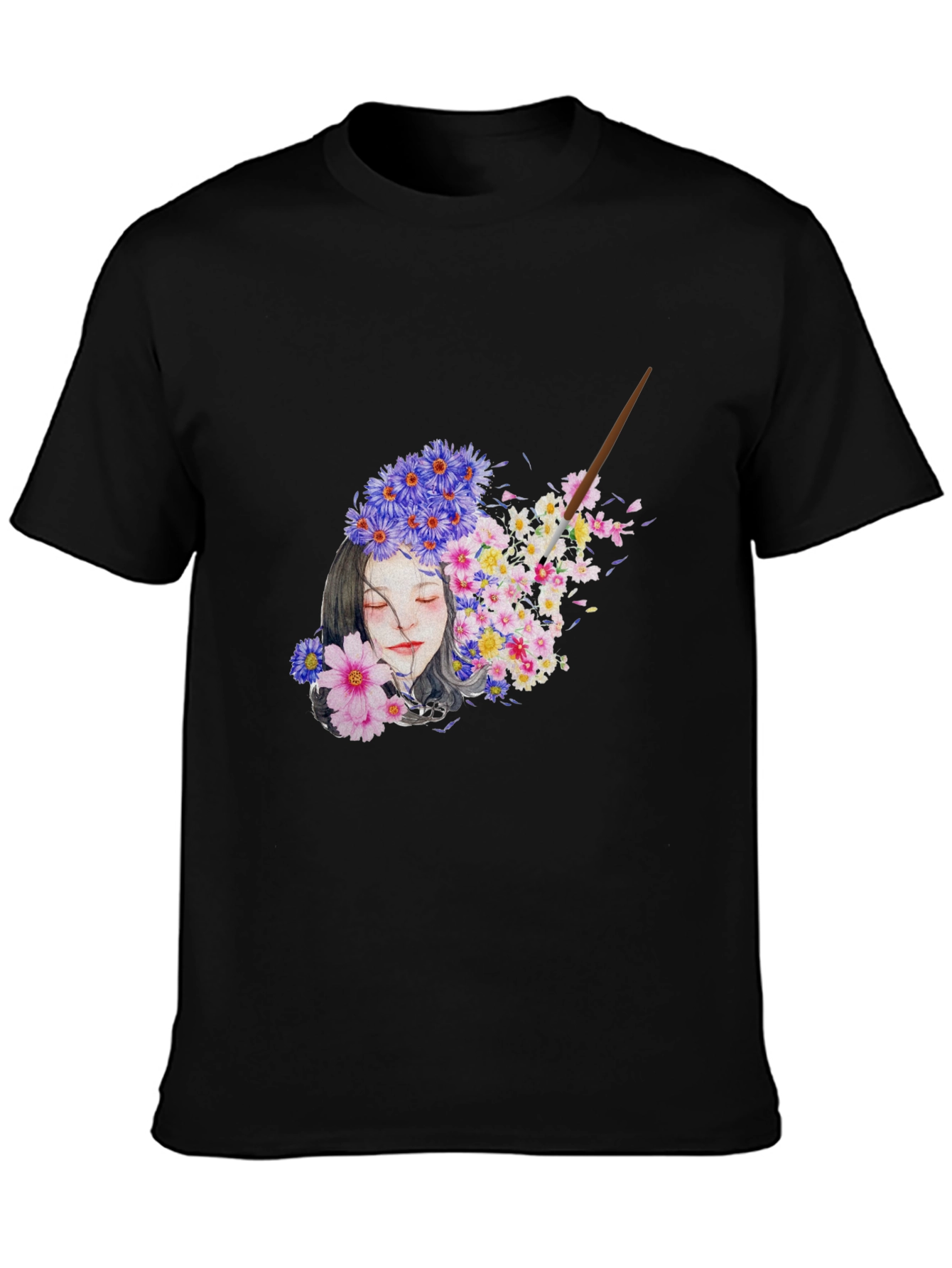 Floral Woman Graphic Black T-Shirt
