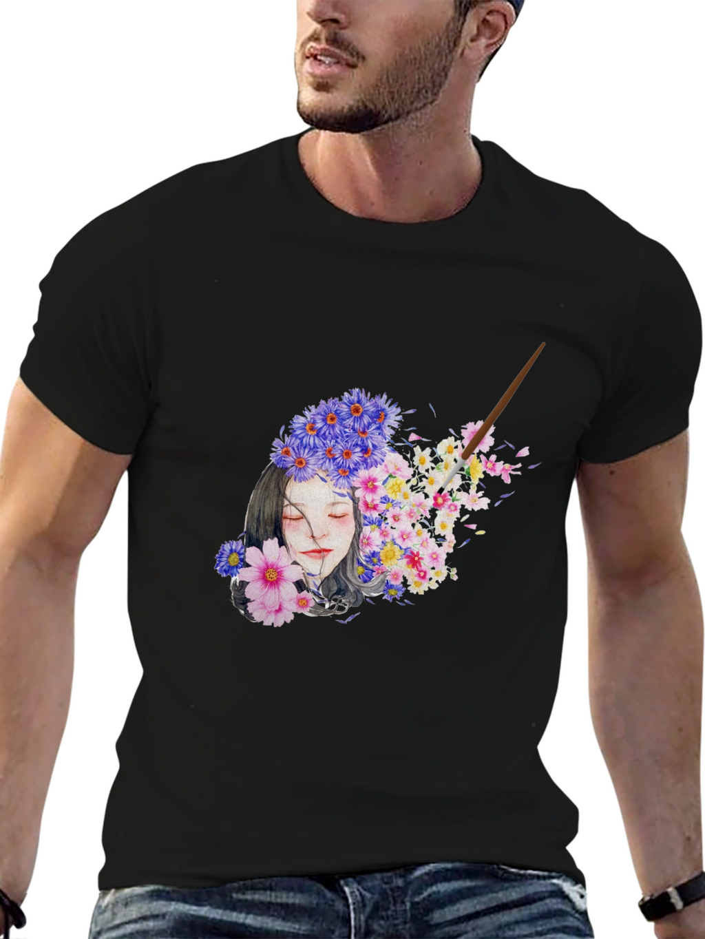 Floral Woman Graphic Black T-Shirt
