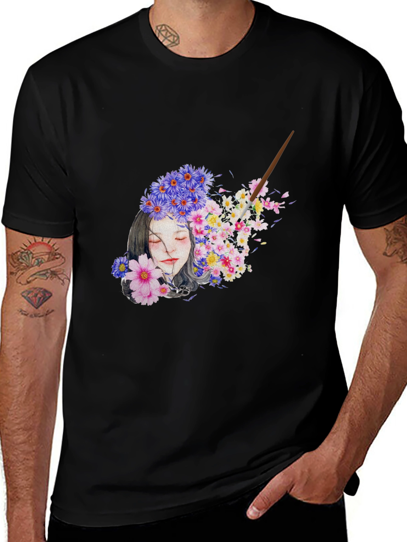 Floral Woman Graphic Black T-Shirt