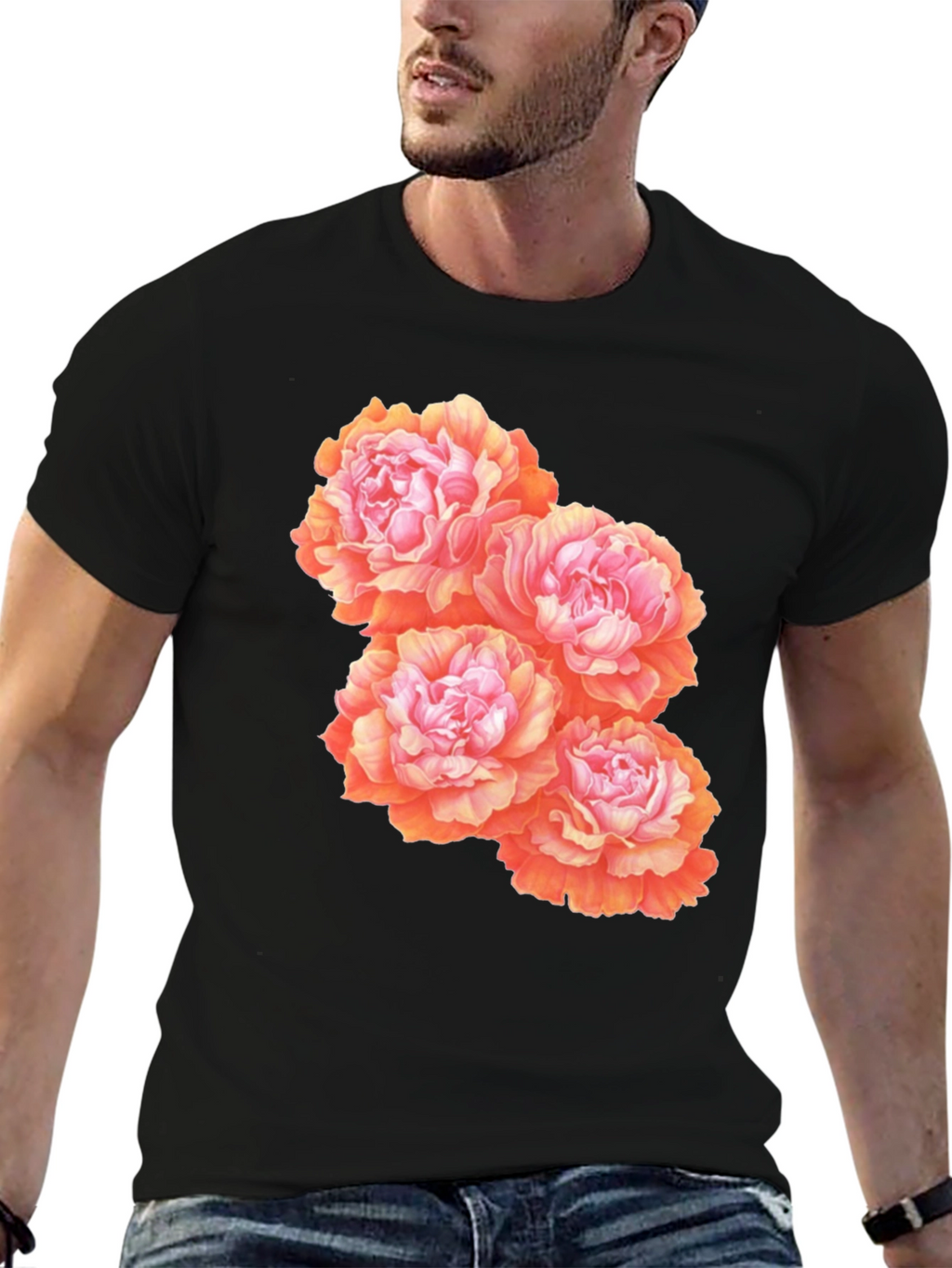 Floral Peony Graphic T-Shirt - Black Cotton Blend