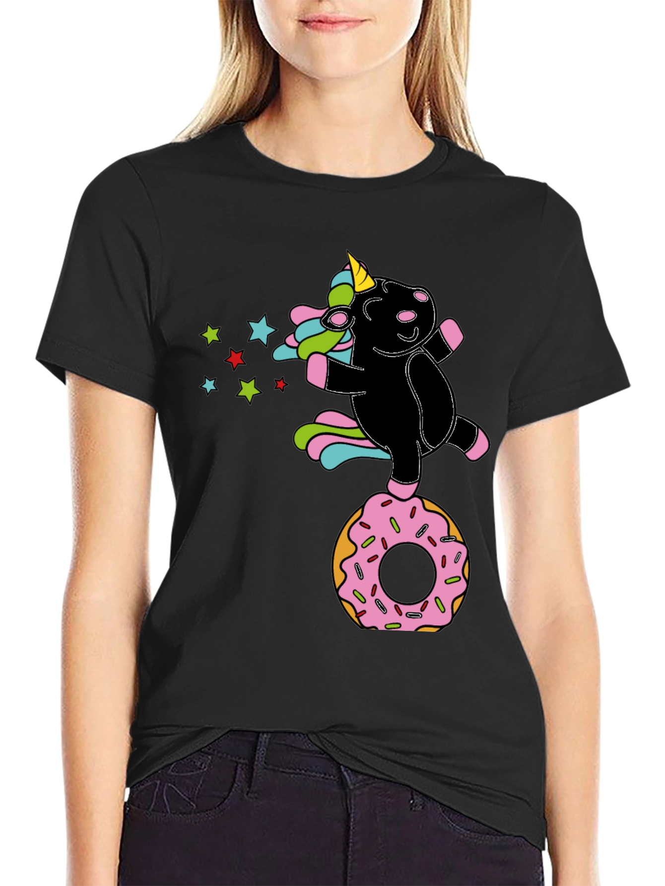 Unicorn Donut Black T-Shirt Fun Design