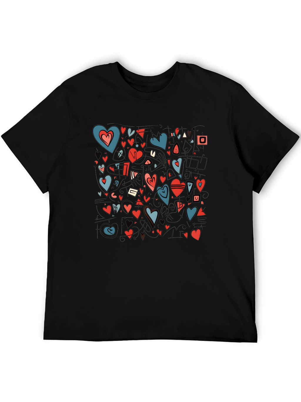Heart Pattern Black Crewneck T-Shirt