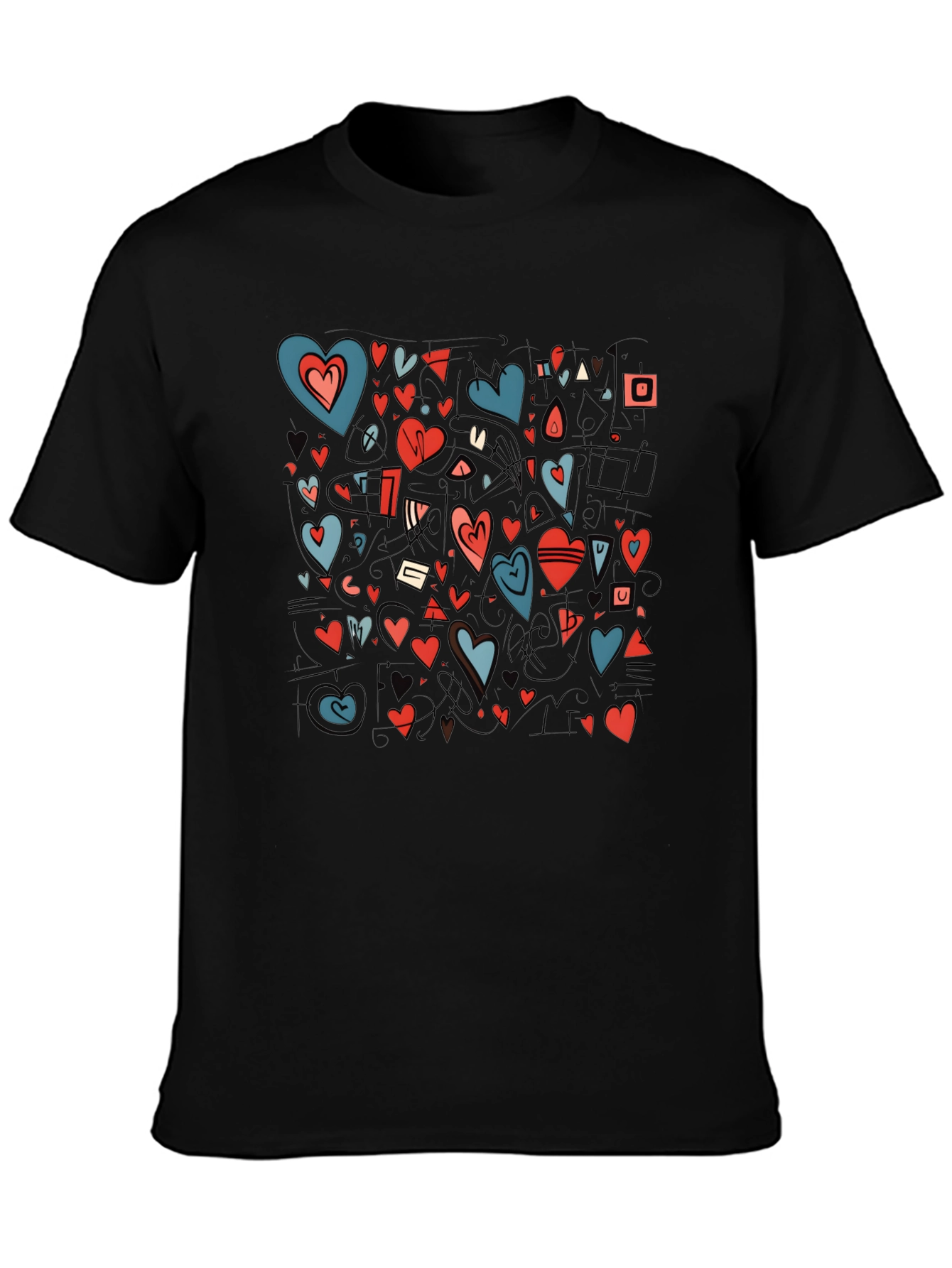 Heart Pattern Black Crewneck T-Shirt